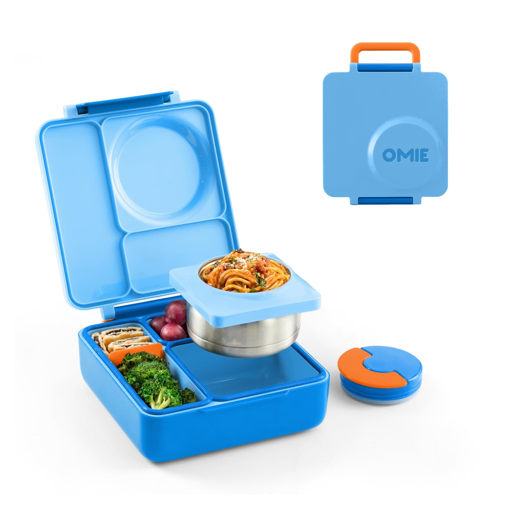 Omie OmieBox Bento Box for Kids - Insulated Lunch Box with Leak Proof Food Jar - 3 Compartments, 2 Temperature Zones (Blue Sky)