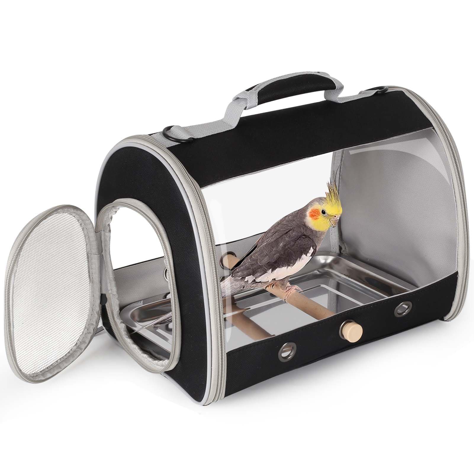 Bird Carrier, Portable Small Bird Parrot Parakeet Carrier with Standing Perch and Stainless Steel Tray, Side Access Window Collapsible (Black, Cylinder Design - Clear)