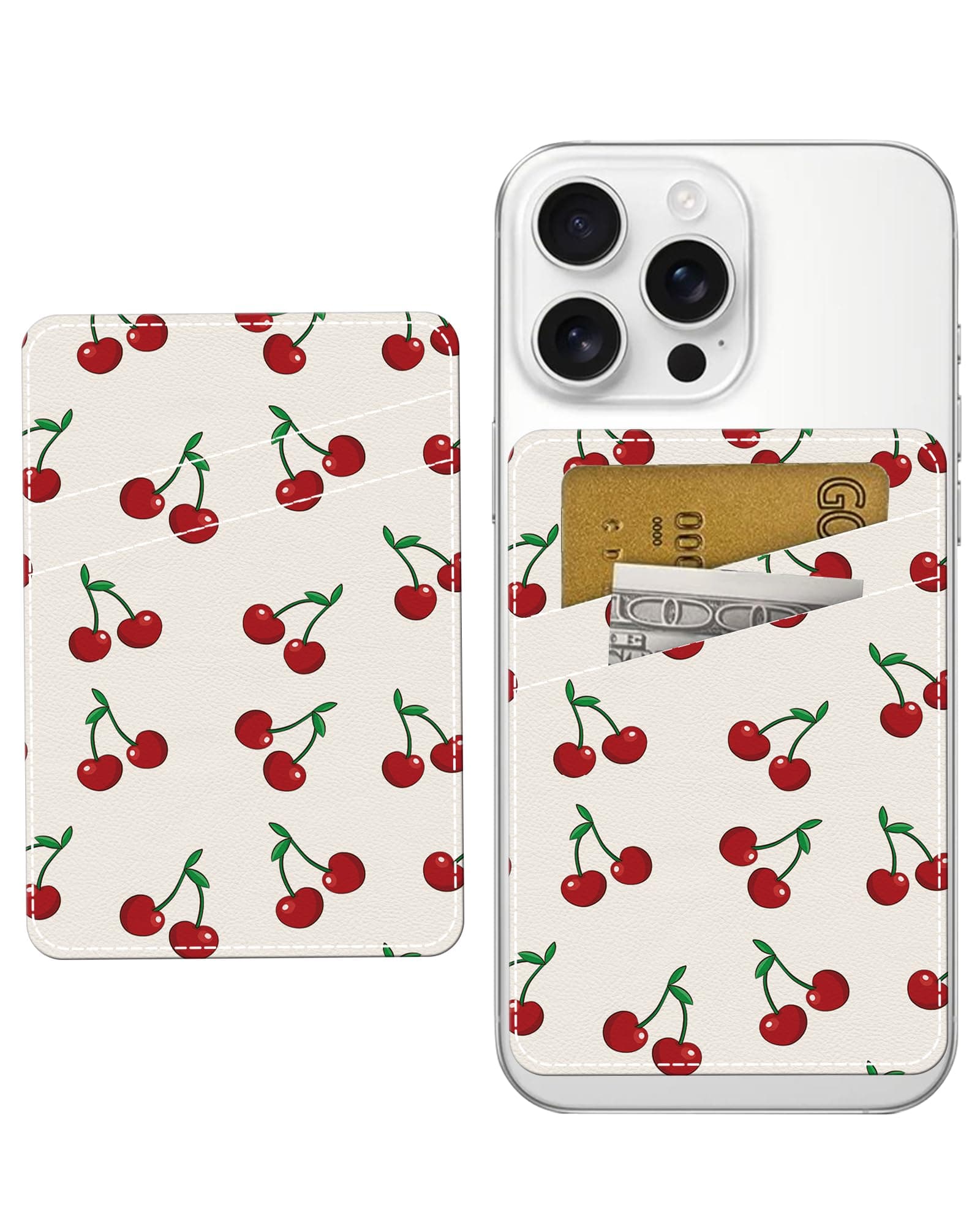 AOHRO Phone Card Holder, Dual Pocket Leather Phone Wallet Adhesive Stick On, Cute Card Holder, Credit Card Holder for Phone Case Compatible with Most Phone Cute Cherry