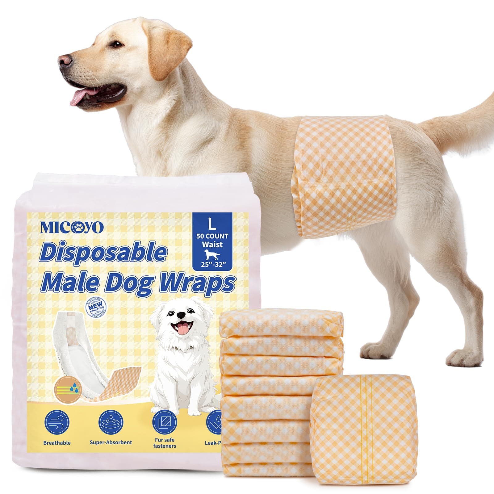 MICOOYO Disposable Male Dog Wraps, Male Dog Diapers Disposable with Wetness Indicator, Puppy Diapers Super Absorbent and Breathable, Large Size 50 Count