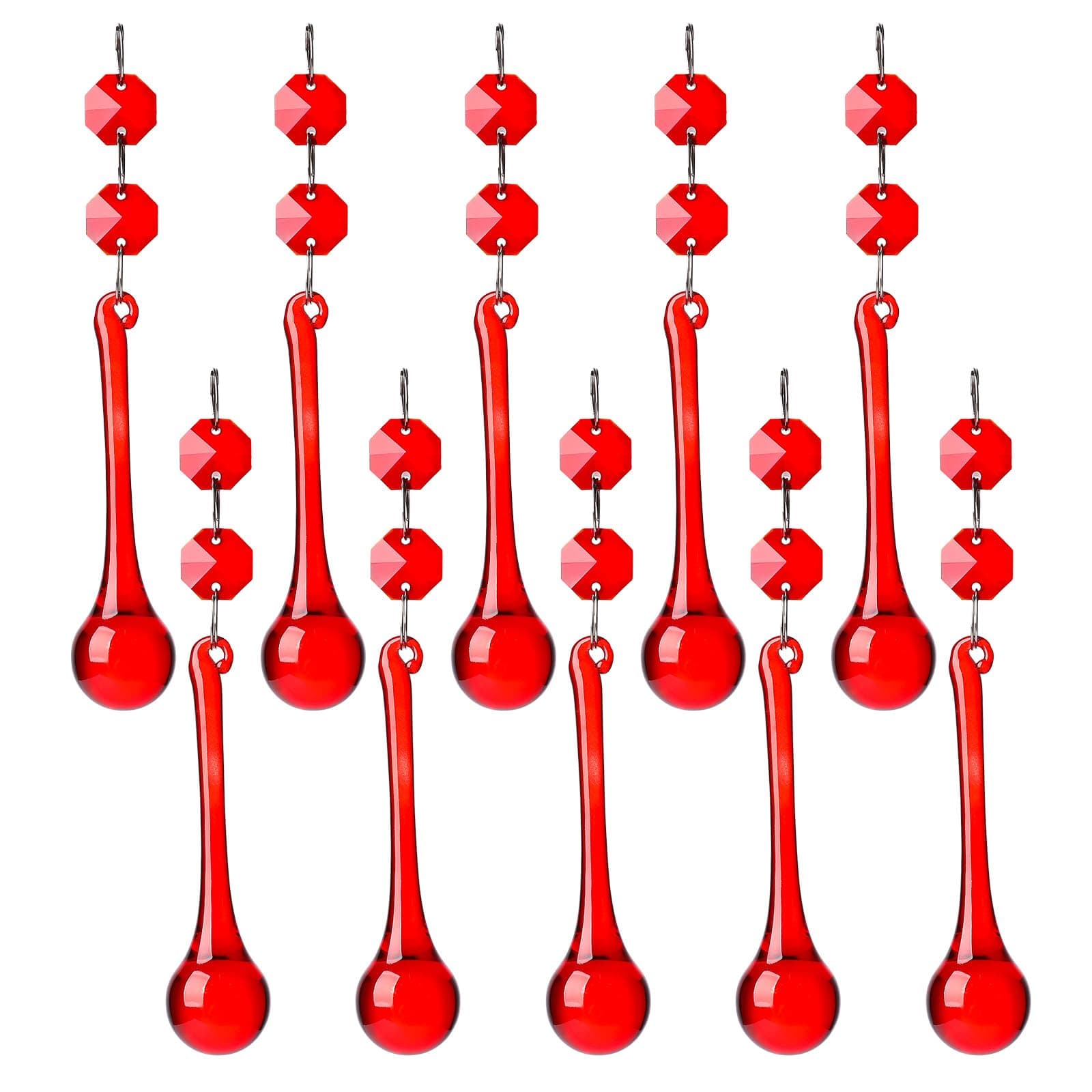 10pcs Red Crystal Raindrop with Octagon Beads Chandelier Prisms Pendants Lamp Curtain DIY Suncatcher Parts 20 * 80mm Drop