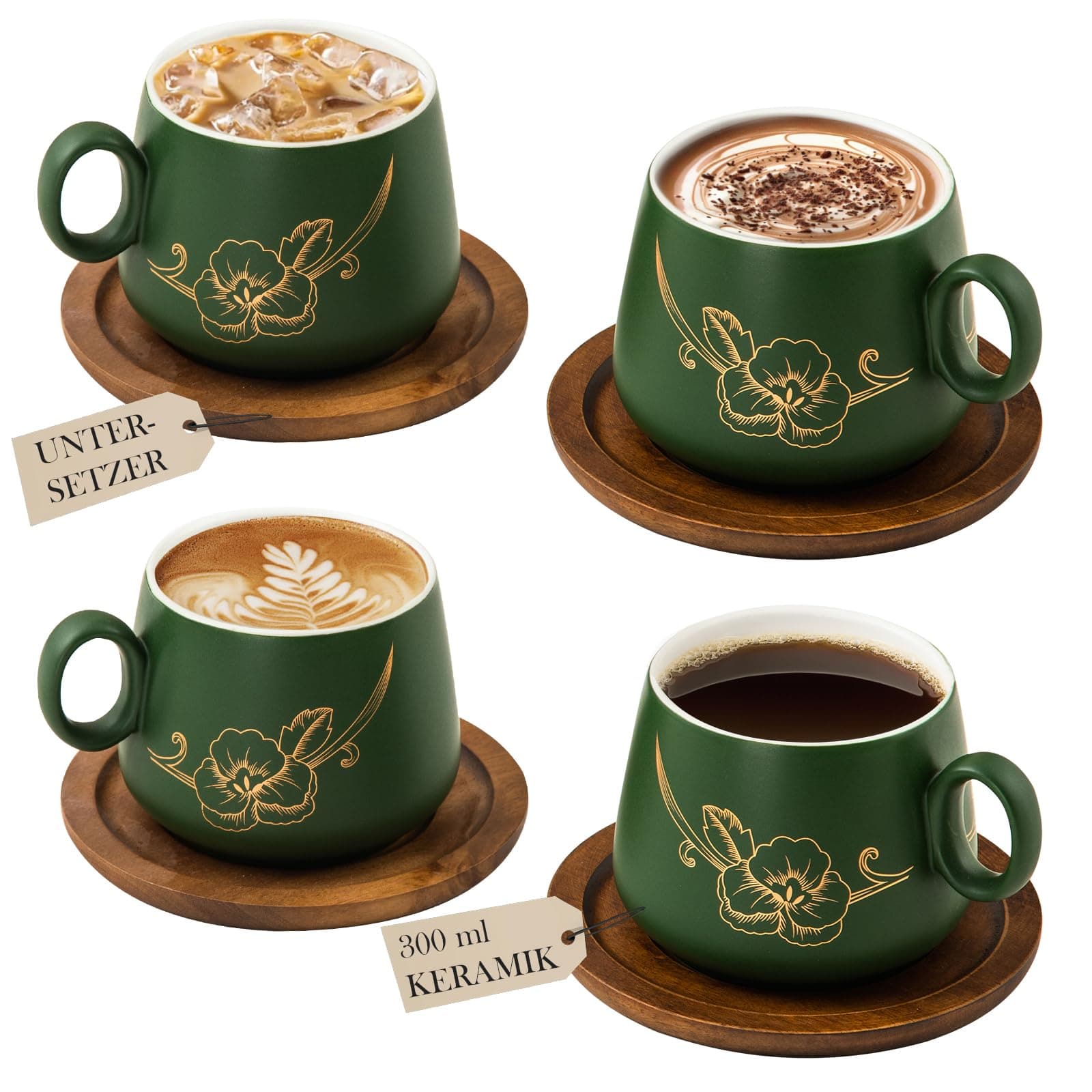 Yundu 300ml/10oz Cappuccino Cups & Wooden Saucers Set with Gold Floral Art, Latte Art Cup for Espresso, Coffee & Tea, Modern Matte Green Ceramic Tea Cup Set of 4