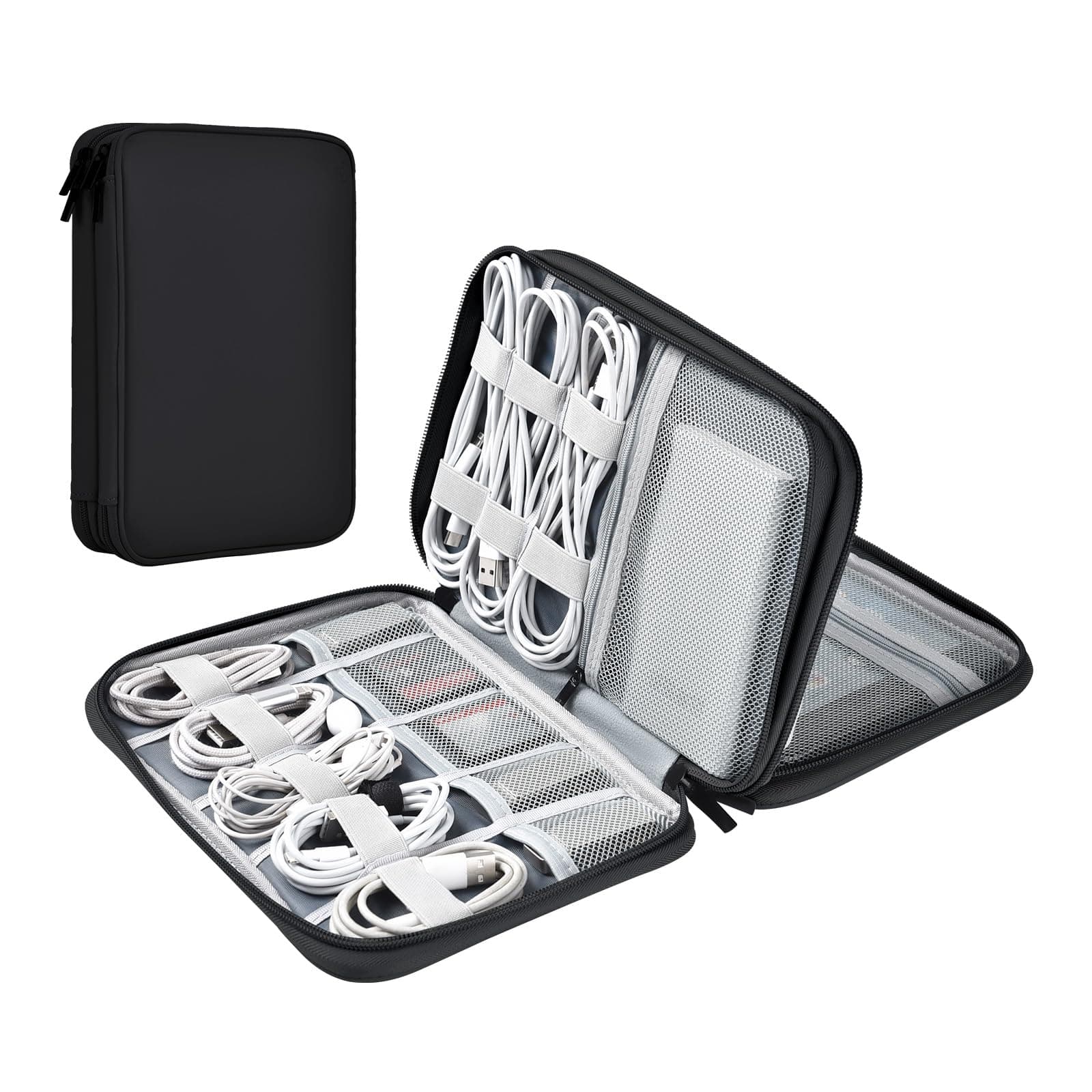 Miloocul Leather Cord Organizer Waterproof Cable Bag Portable Tech Travel Case for Charger Electronic Accessories (Black, Double Layer-Small)