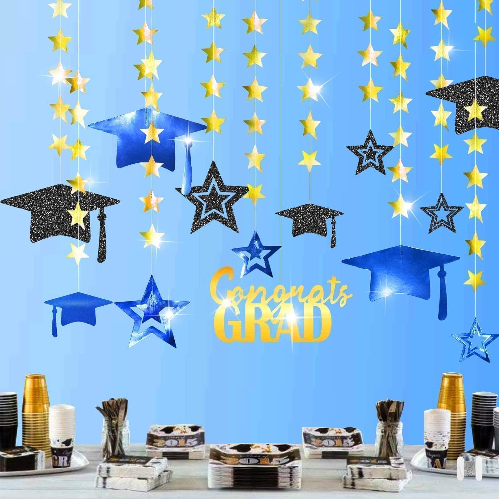 Cheerland 2026 Royal Blue Graduation Decorations Blue and Gold Graudation Garland Congrats Grad Banner Cap Grad Party Decor Prom Decoration Gold Stars Hanging Streamers Backdrop Spring Summer 13 Pcs