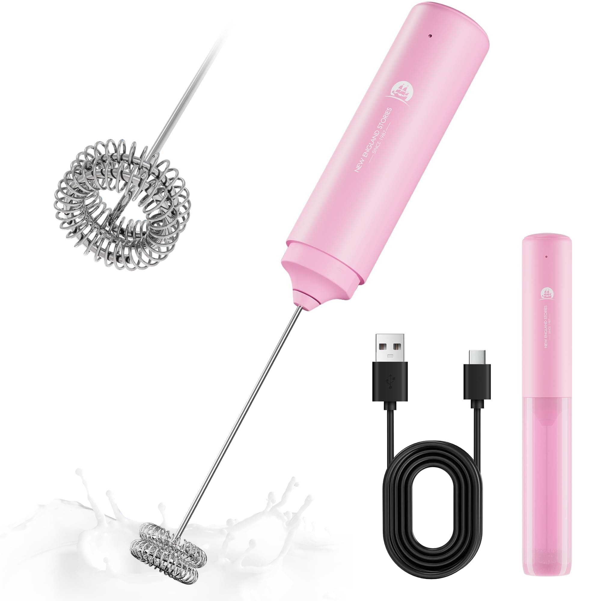 Rechargeable Milk Frother Handheld, 2-IN-1 Dual Spring Whisk Electric Frother Wand for Cappuccino Latte Macchiato, Portable Drink Mixer for Coffee, Matcha, Hot Chocolate