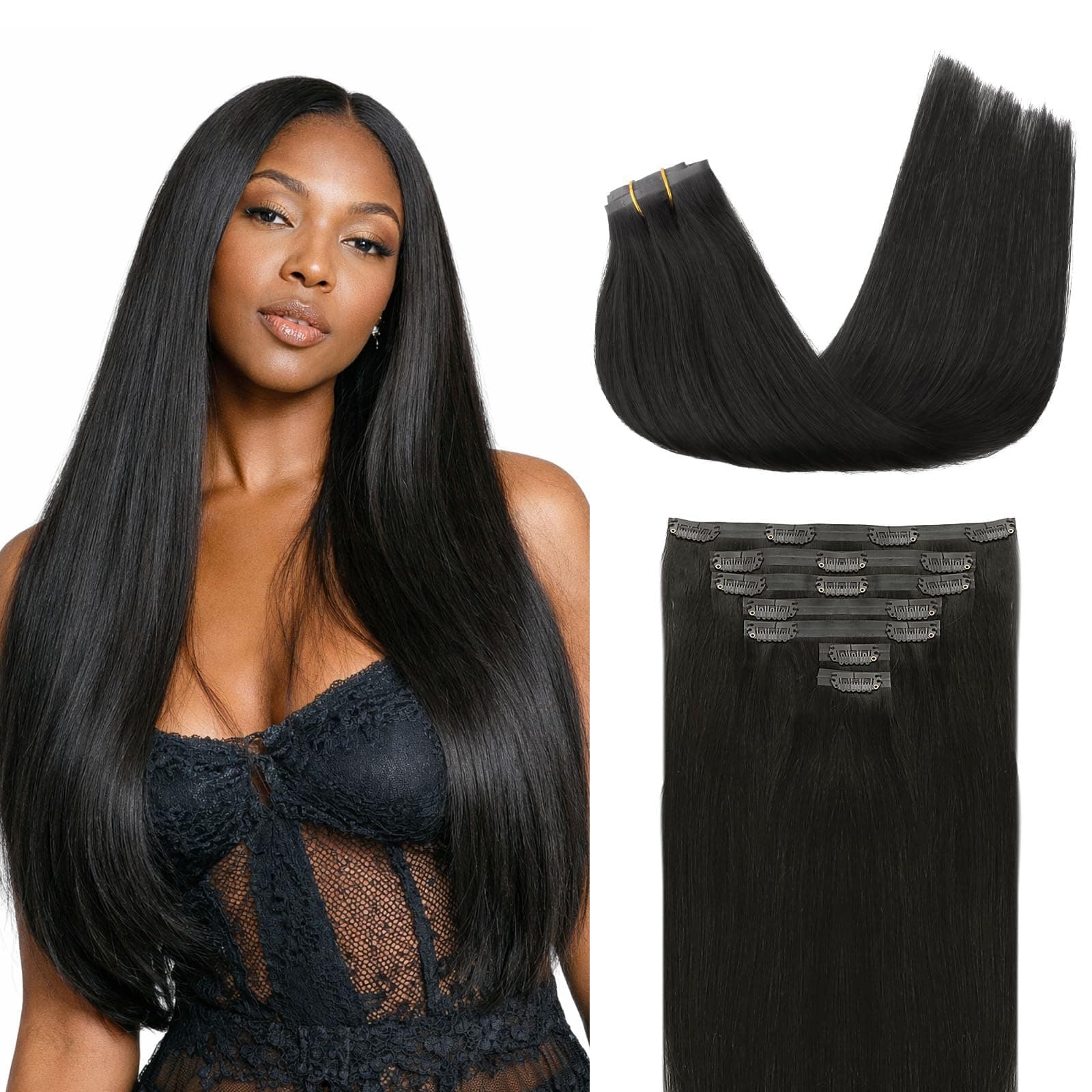 Lashey Hair Extensions Real Human Hair Seamless Clip in Hair Extensions, Straight 110g 7pcs Real Human Hair Extensions, Natural Black 22 Inch Soft Invisi Edge PU Clip in Remy Human Hair Extensions