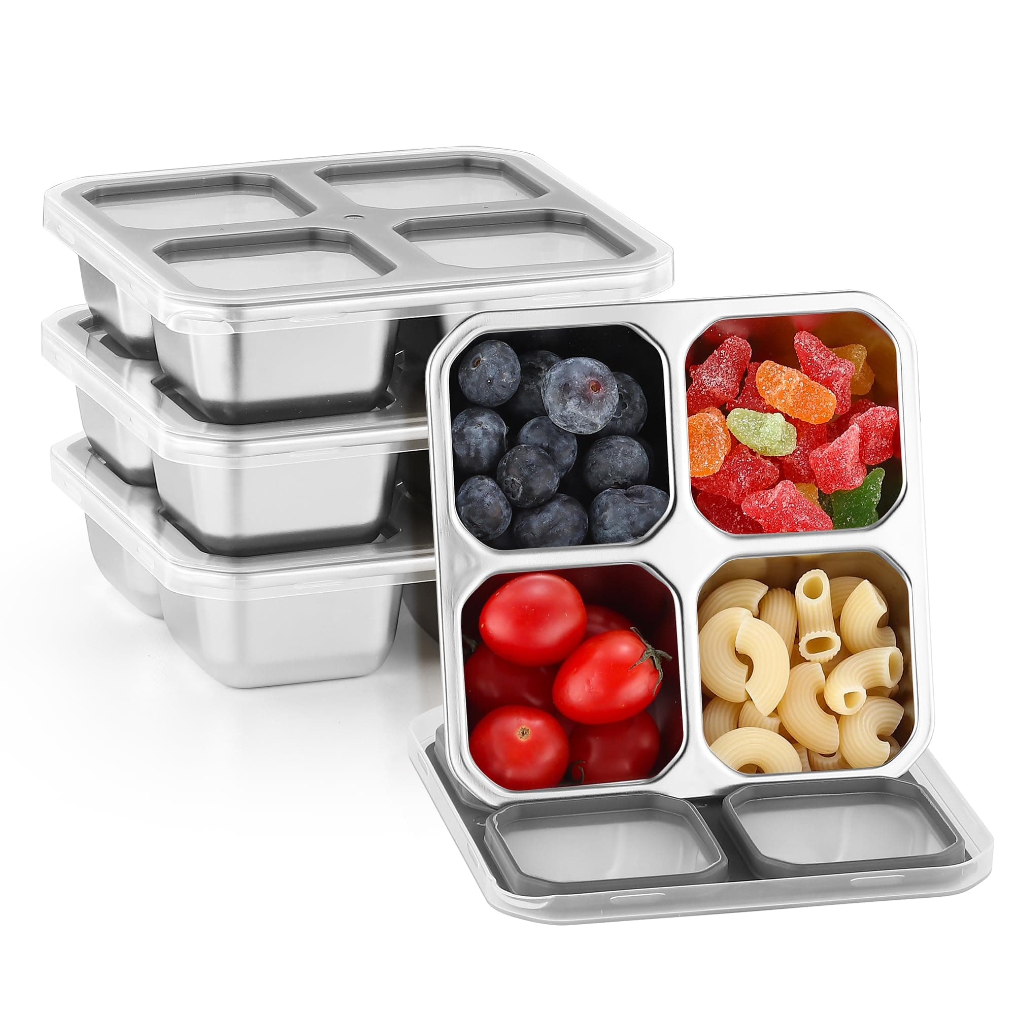 BEFOY 4 Pack Stainless Steel Snack Containers with Lids - 4 Compartment Food Storage Containers for Adults & Kids - Meal Prep Reusable Bento Lunch Box - Silver