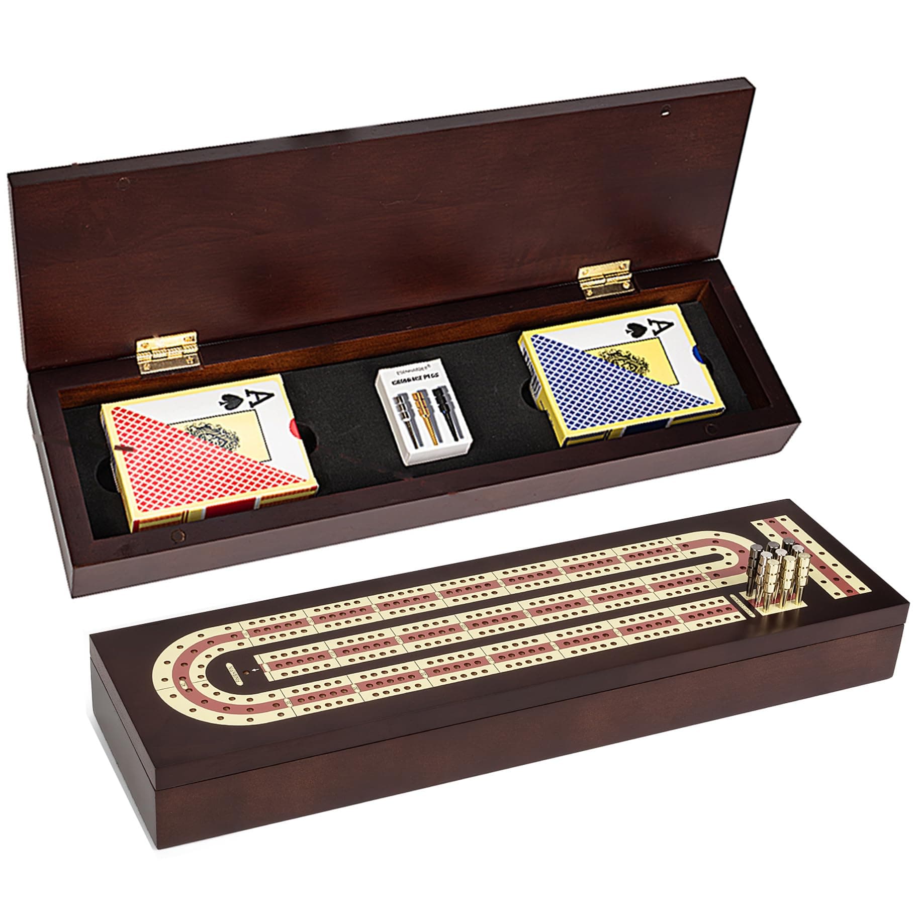 cribbage board game with magnetic lock and metal pegs, 2 playing cards and large storage, 3 track continuous board for traveling