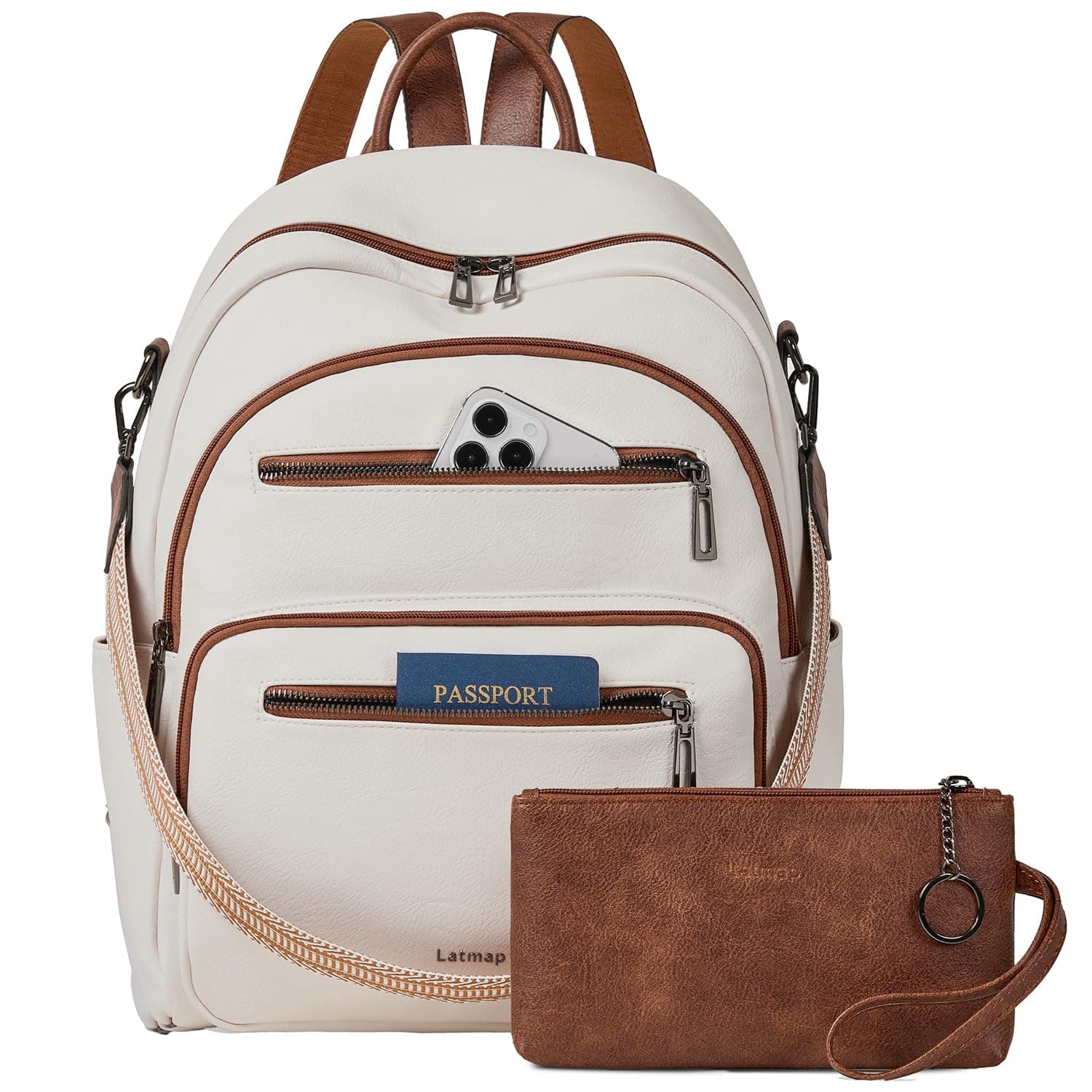 LATMAP Backpack Purse for Women Laptop Backpack, Leather Travel Backpack Shoulder Bag Teacher College Daypack Work Handbag fits 14" Laptop-Beige