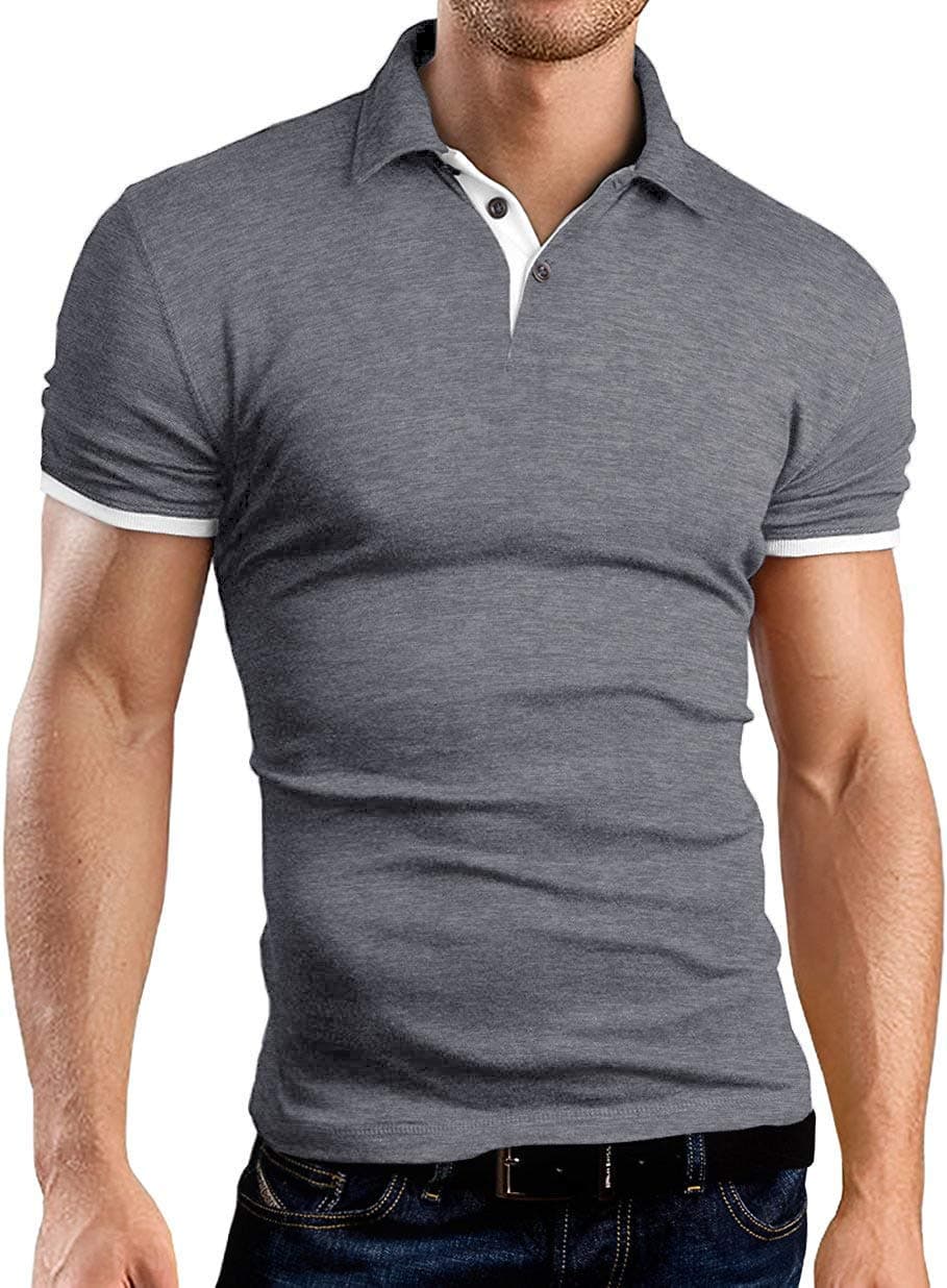 KUYIGO Men's Perfect Slim Fit Shirts Short Sleeve Soft Fitted Polo Shirt Large Dark Grey