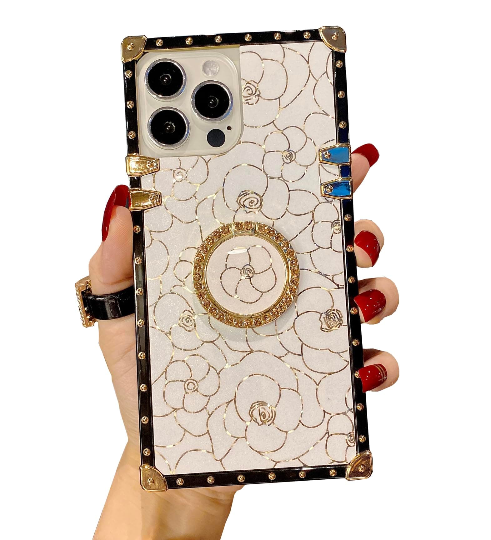 for Samsung Galaxy A14 Trunk Case Luxury for Women Girls Design Bling Glitter Gold Edge Flower Soft Fancy Cover with Finger Ring Grip Kickstand Phone Skin,White