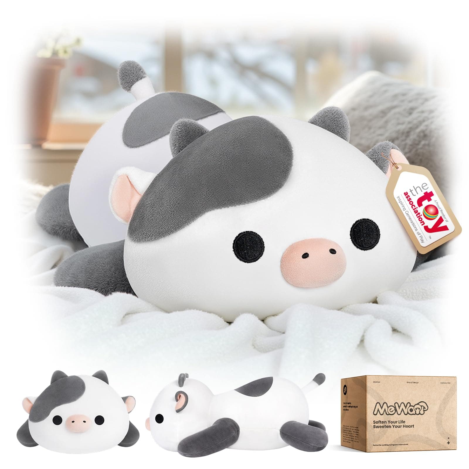 Mewaii Grey Cow Plush Pillow Cute Plushies, Squishy & Huggable, 13 in
