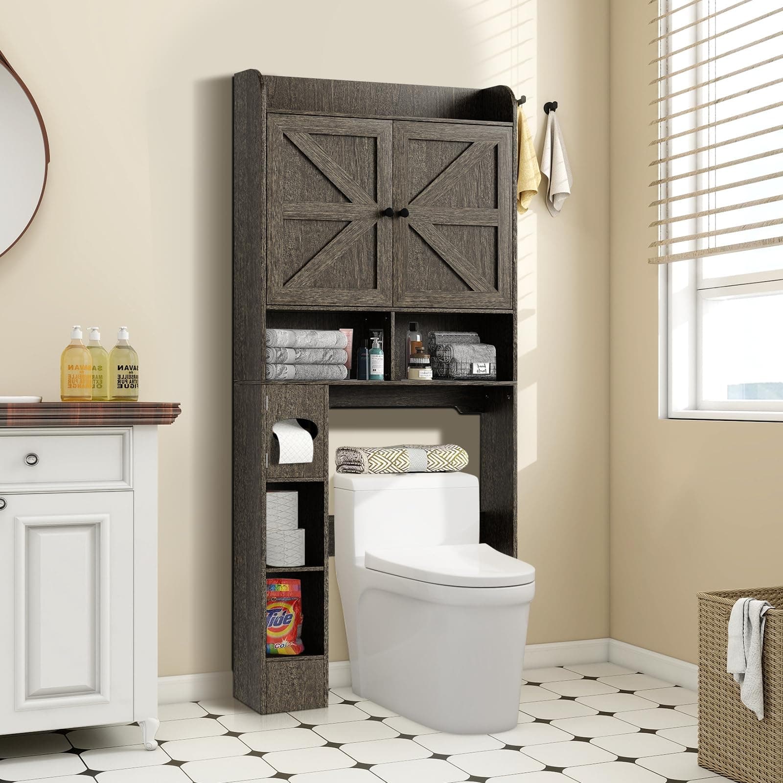 MUUEGM 32.3''W Over The Toilet Storage Cabinet, Bathroom Shelf Over Toilet Organizers & Storage with Barn Doors, Home Space-Saving Toilet Rack with Toilet Paper Holder,Grey