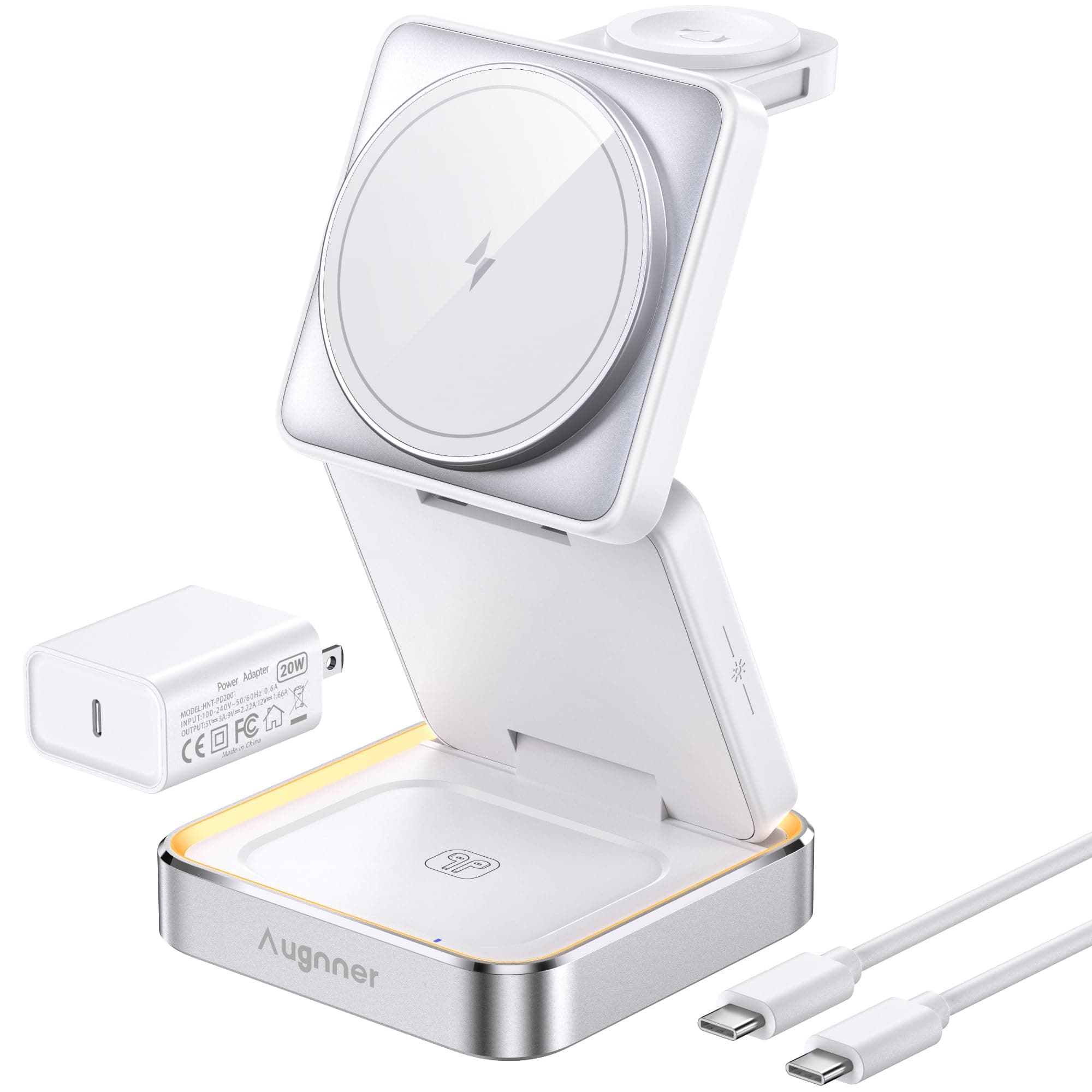 【2026 Upgraded】 Wireless Charger 3 in 1, Foldable Wireless Charging Station with Light for Apple MagSafe Charger, Travel Magnetic Charger for iPhone 17/16/15/14/13/12 Apple Watch AirPods (20W Adapter)