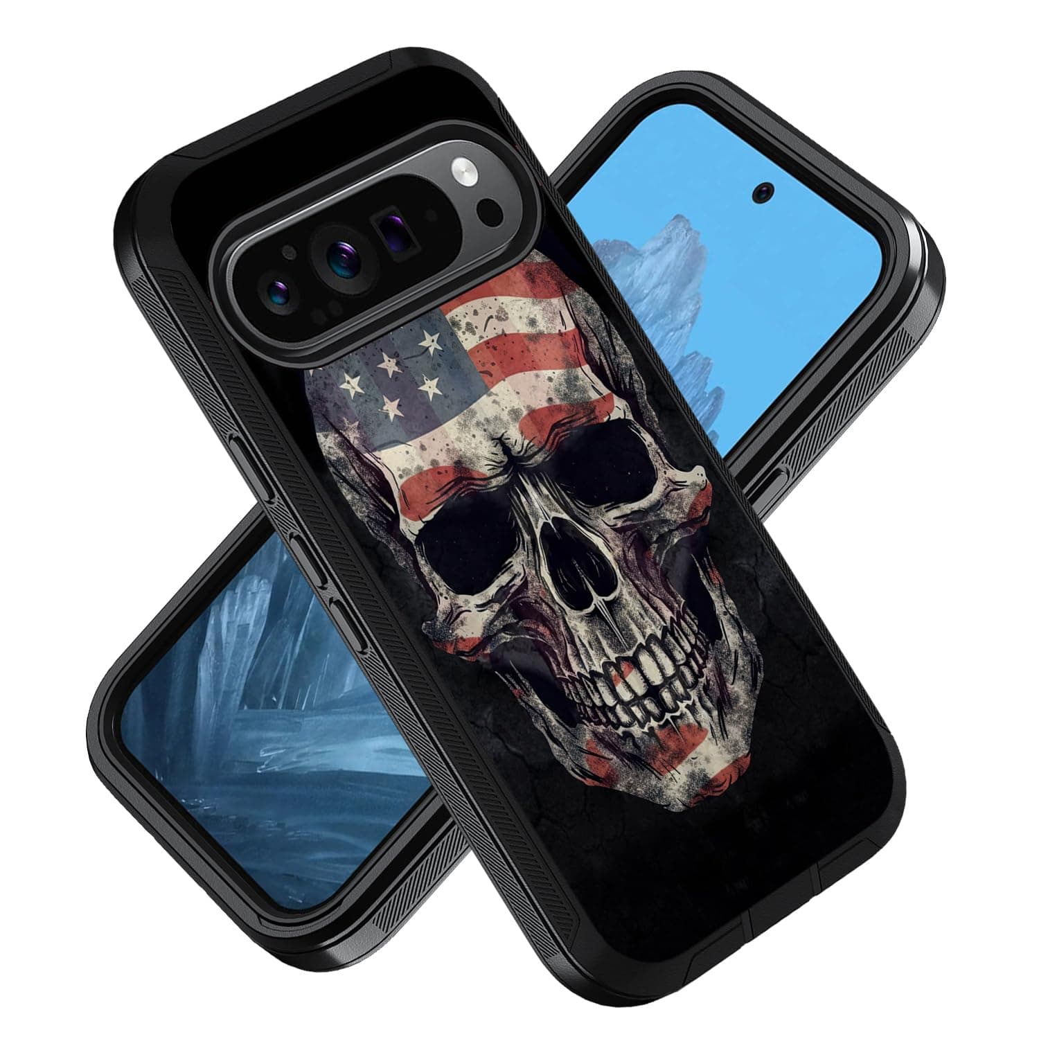 ZXHSBROK Case for Google Pixel 10/10 Pro & Google Pixel 9/9 Pro, Military Grade Heavy Duty 3-Layer Shockproof Drop Protective Phone Cover, American Flag Skull