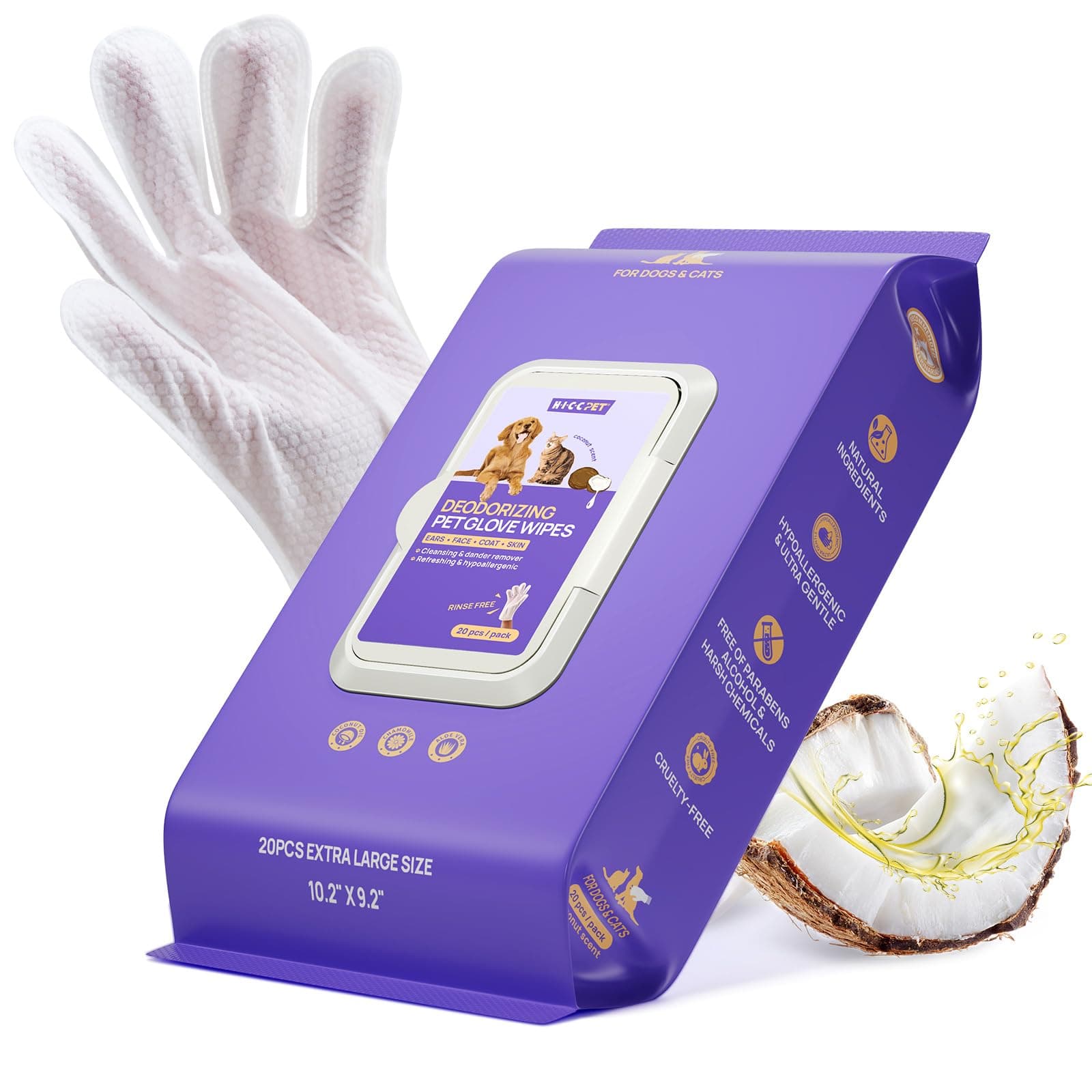 HICC PET Dog Wipes for Dogs & Cats, Glove Design, 20 Count