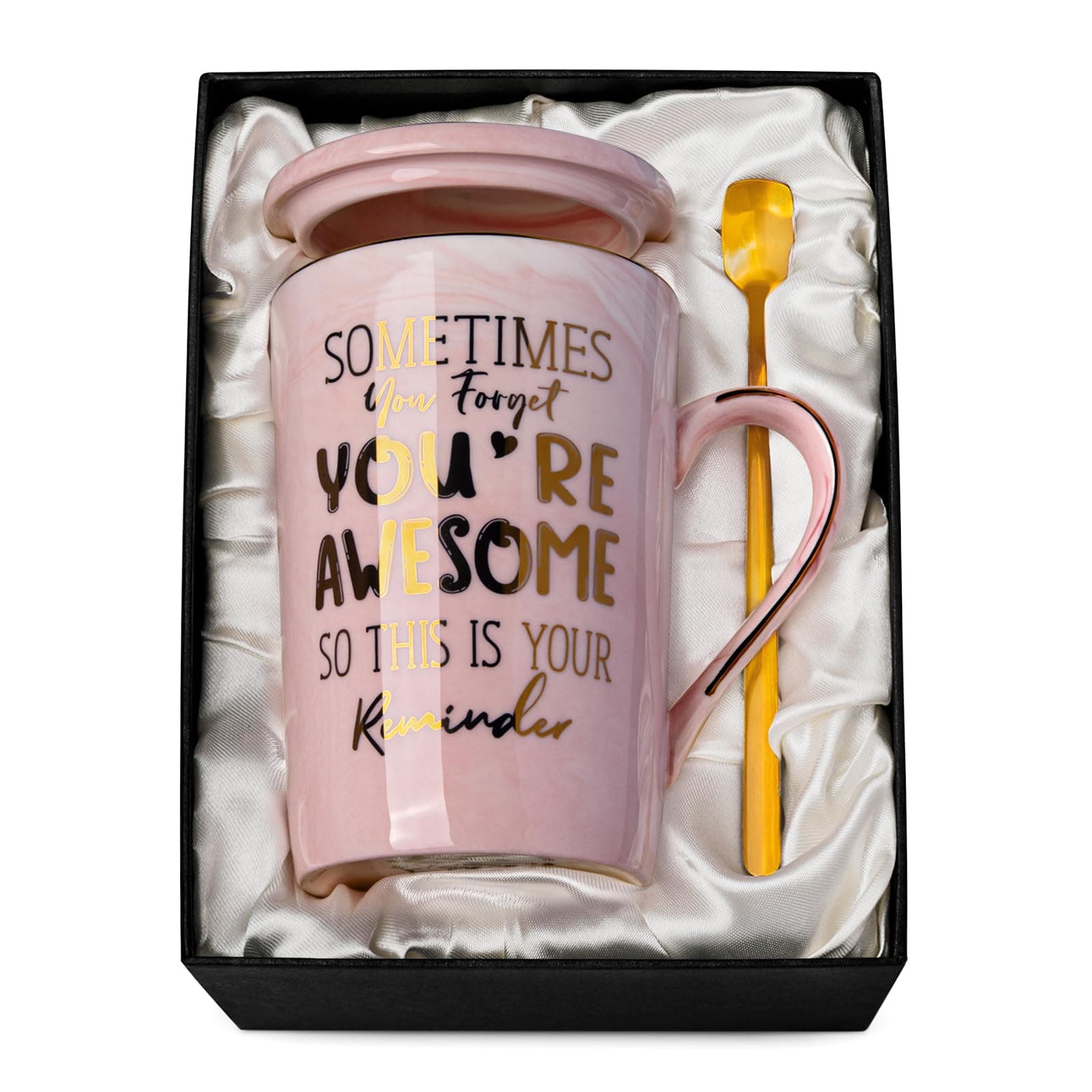 Thank You Gifts for Women, Sometimes You Forget You're Awesome Mug, Inspirational Birthday Mothers Day Gift for Mom Wife Sister Friend, 14oz Large Pink Coffee Cup Printed with Gold, Nice Gift Boxed