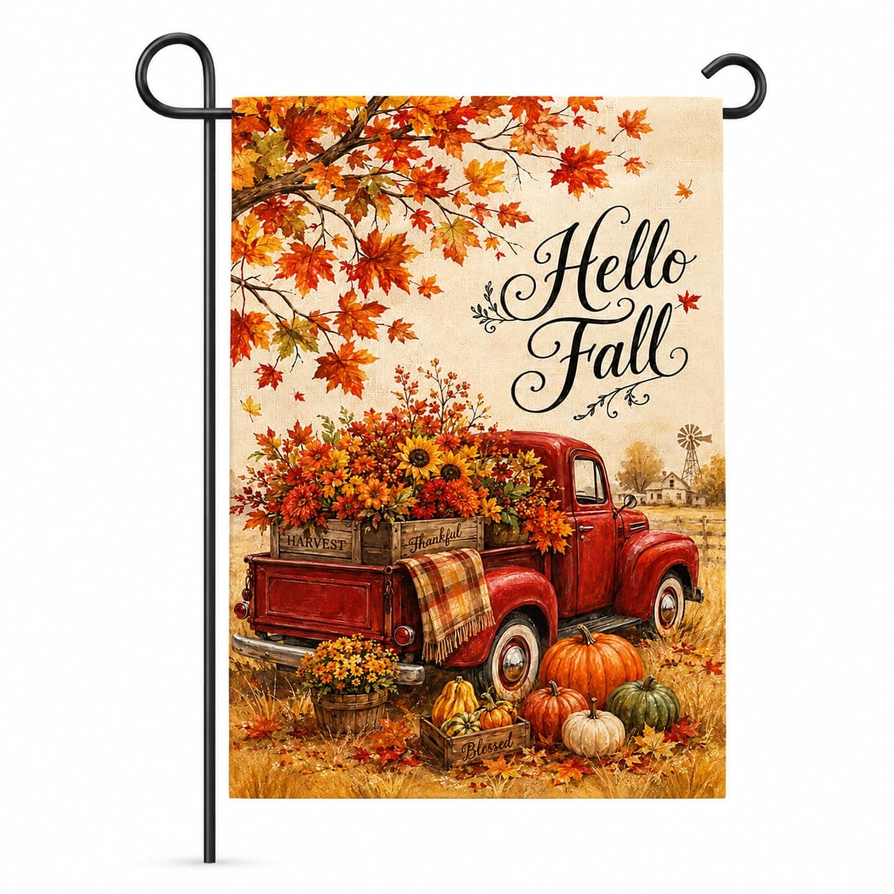 YZWXZY Hello Fall Pumpkin Welcome Garden Flag, 12x18 Inch Double Sided Burlap Yard Flag Outdoor Decoration Pumpkin and Car Farmhouse Thanksgiving Yard Outdoor Decoration