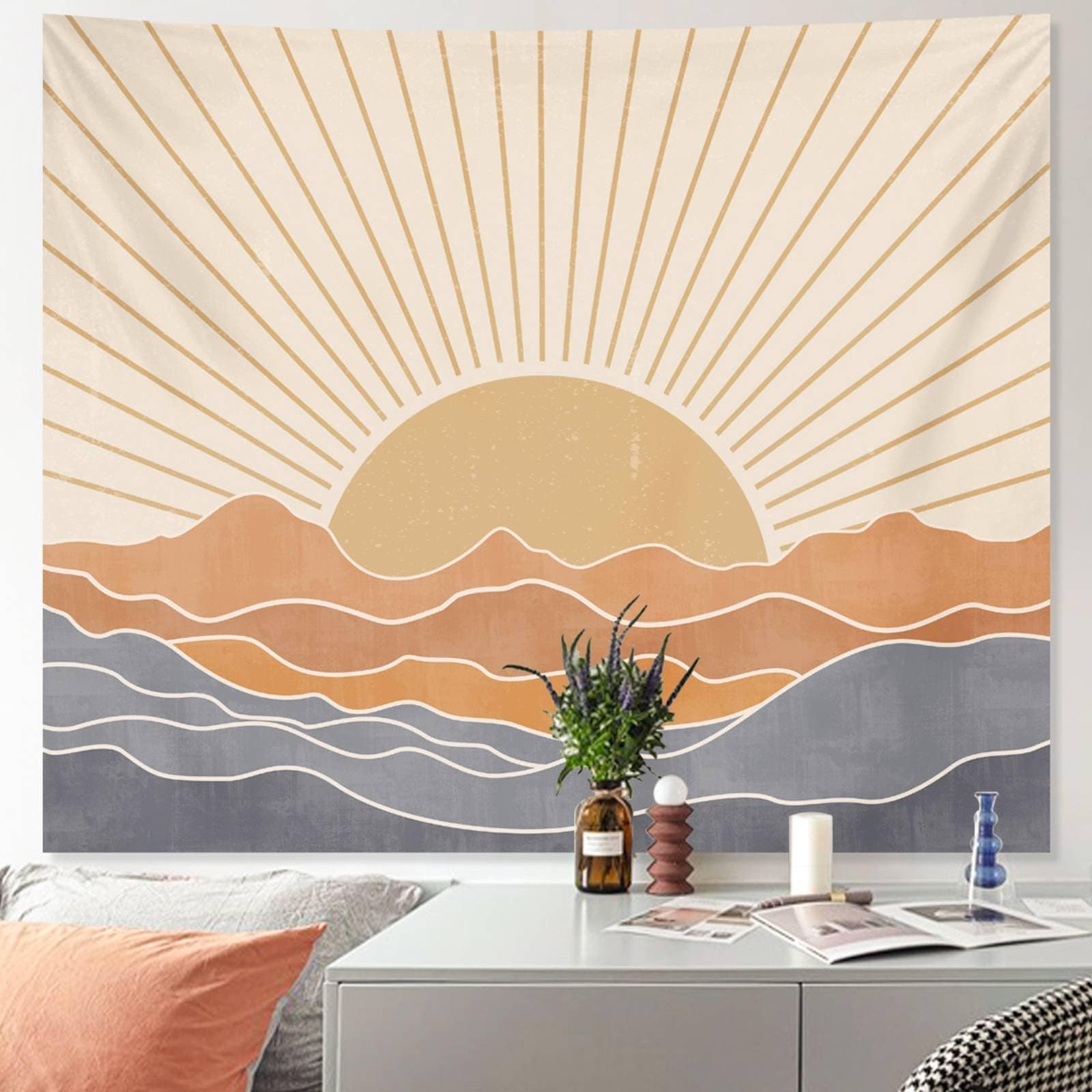 Apdidl Boho Sun Art Tapestry for Bedroom Aesthetic Vintage 70s Sunset Mountain Wall Tapestry for Living Room 130X150