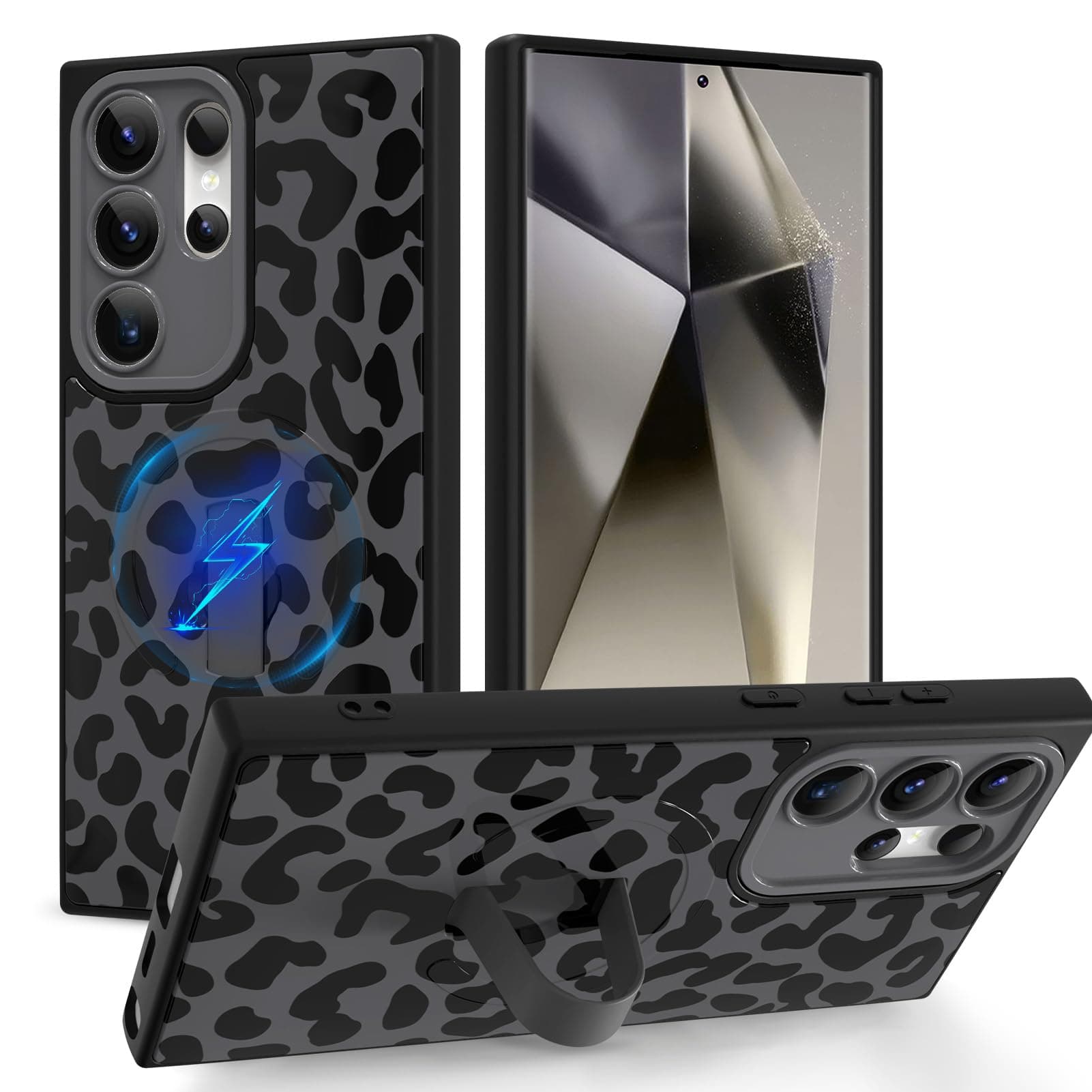 Magnetic for Samsung Galaxy S24 Ultra Case with Strap Stand, Black Leopard
