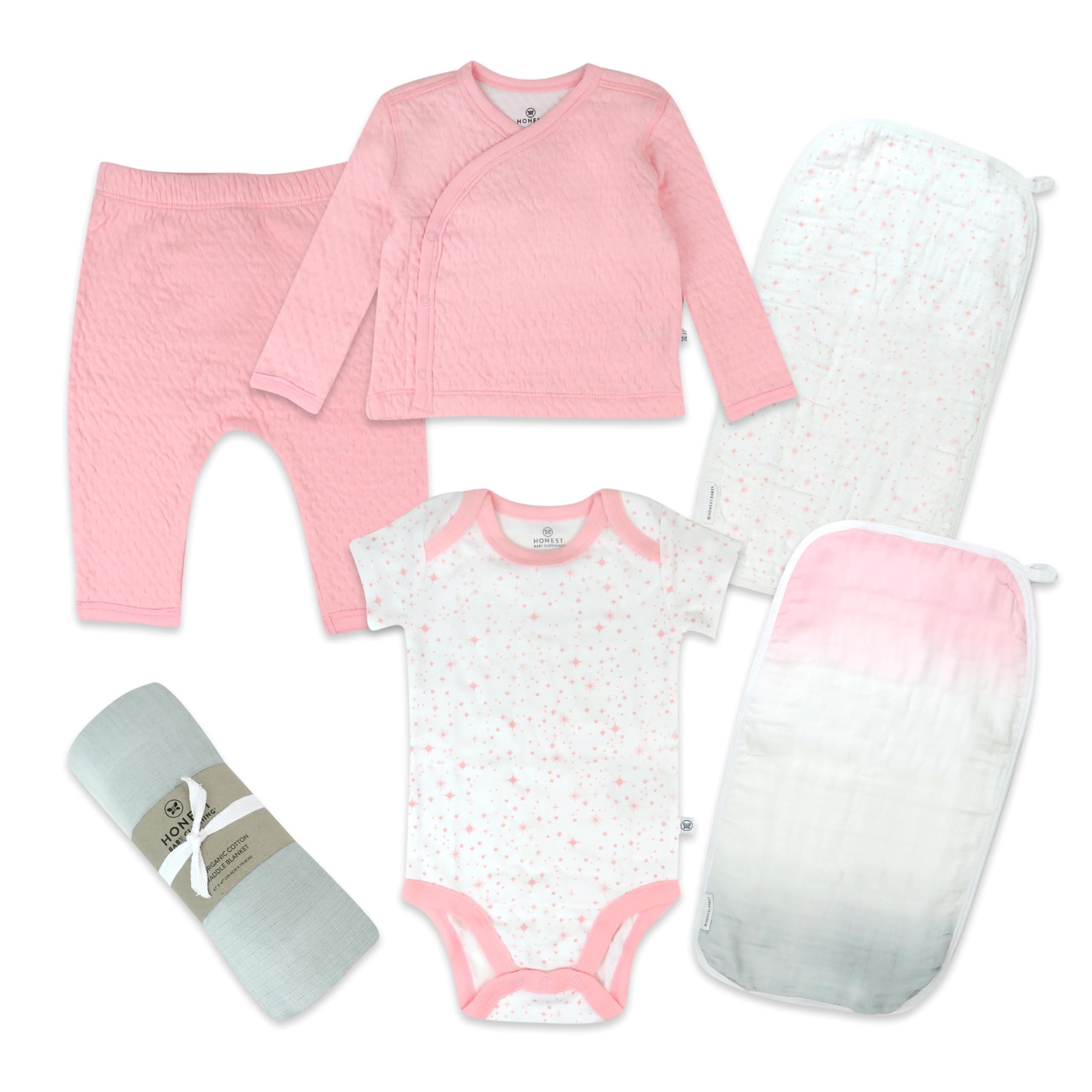 HonestBaby 6-Piece Take Me Home Gift Set in a Gift Box, Twinkle Star White/Pink, 3 Months