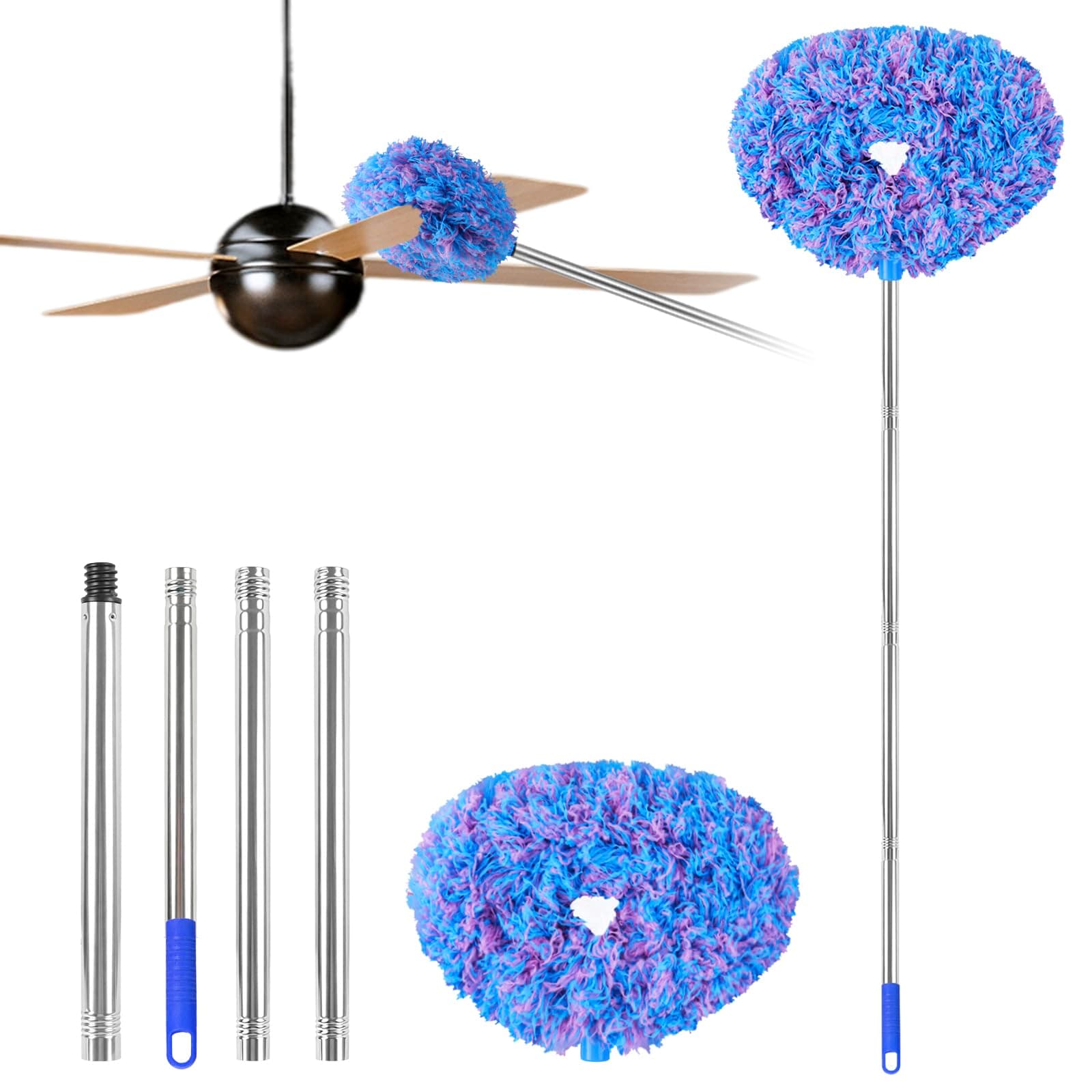 Ceiling Fan Cleaner Duster Reusable Microfiber Ceiling Fan Blade Cleaner Removable Duster with Extension Pole Adjusts 13 to 49.7 Inch for Cleaning Walls Furniture Door Window Top (Blue Pink)