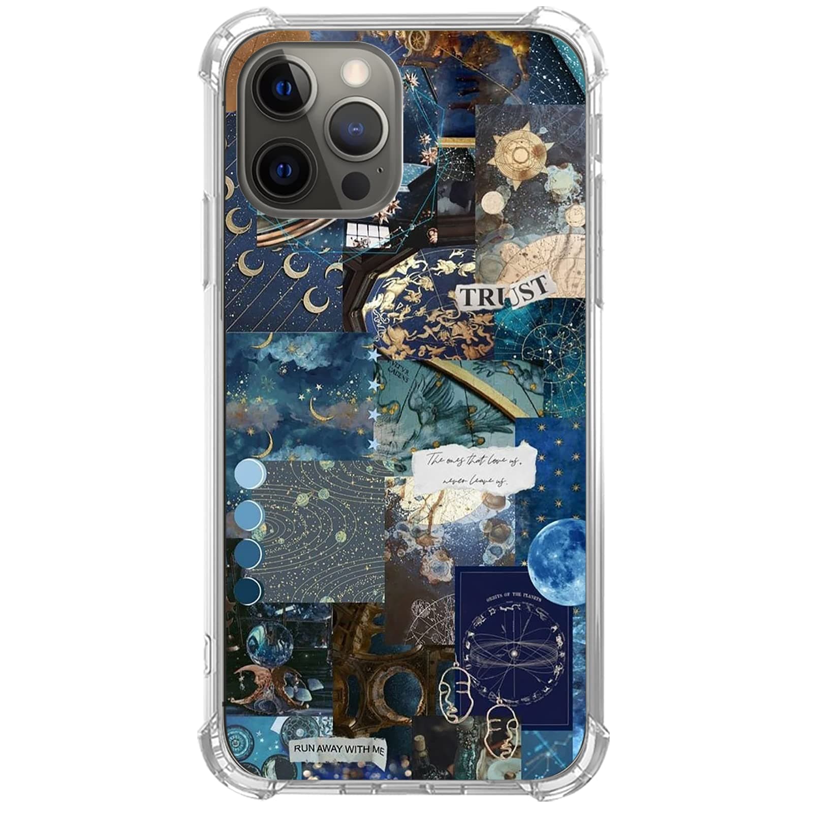 Jyrgkunlt Aesthetic Celestial Sun and Moon Collage Case for iPhone 12 Pro Max, Cool Dark Blue Compatible with Max Girls Boys Women Men, Unique Trendy TPU Bumper Cover