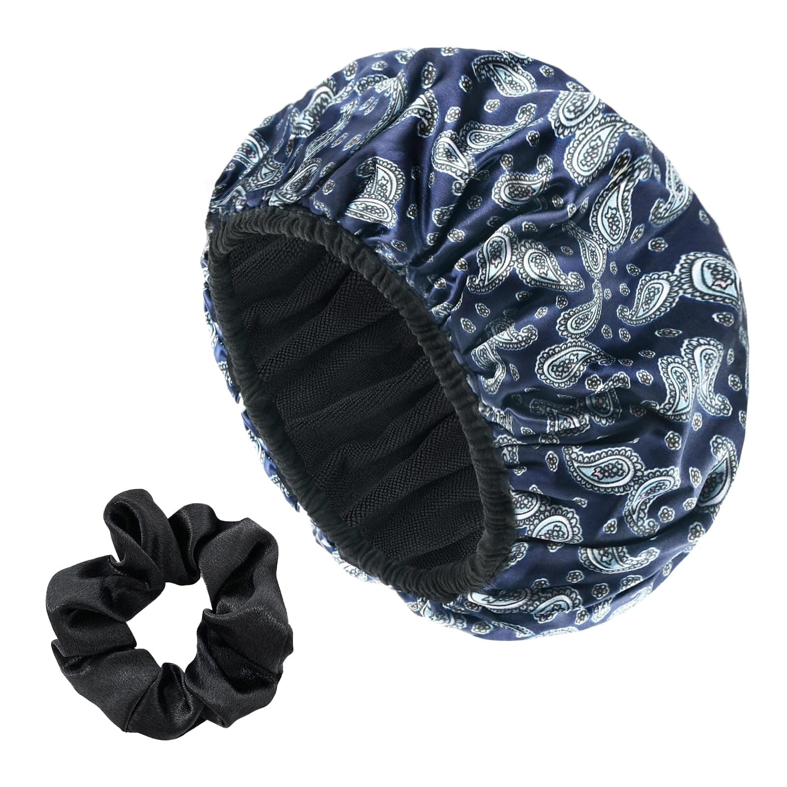 Yonchic Bandana Satin Shower Cap, Three-Layer Terry Cloth Lined, with Silk Hair Ties, Microfiber Waterproof Reusable Large Size Shower Cap for Women Long Thick Hair (Blue Paisley)