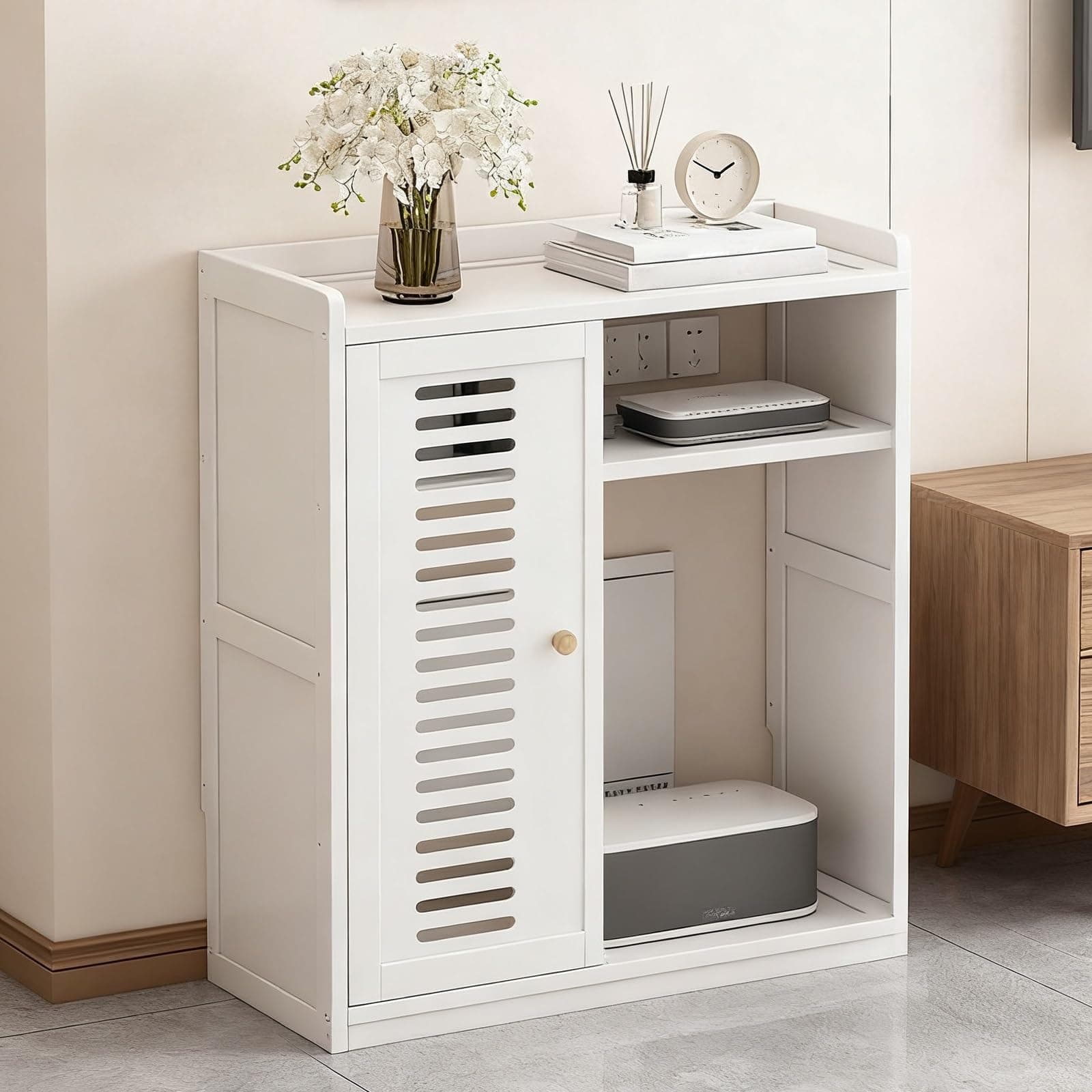 WiFi Router Storage Cabinet Hidden Box Router Cabinet Power Strip and Cable Management Organizer Floor Freestanding Cabinets Organizer(White,59x25x67cm)