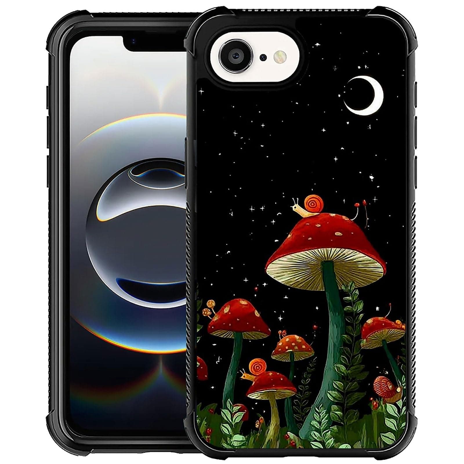 XUANWENPA for iPhone 16e Case,Black Silicone Hard Shell Design,Shiny and Anti Shedding,Moonlight Red Mushroom.