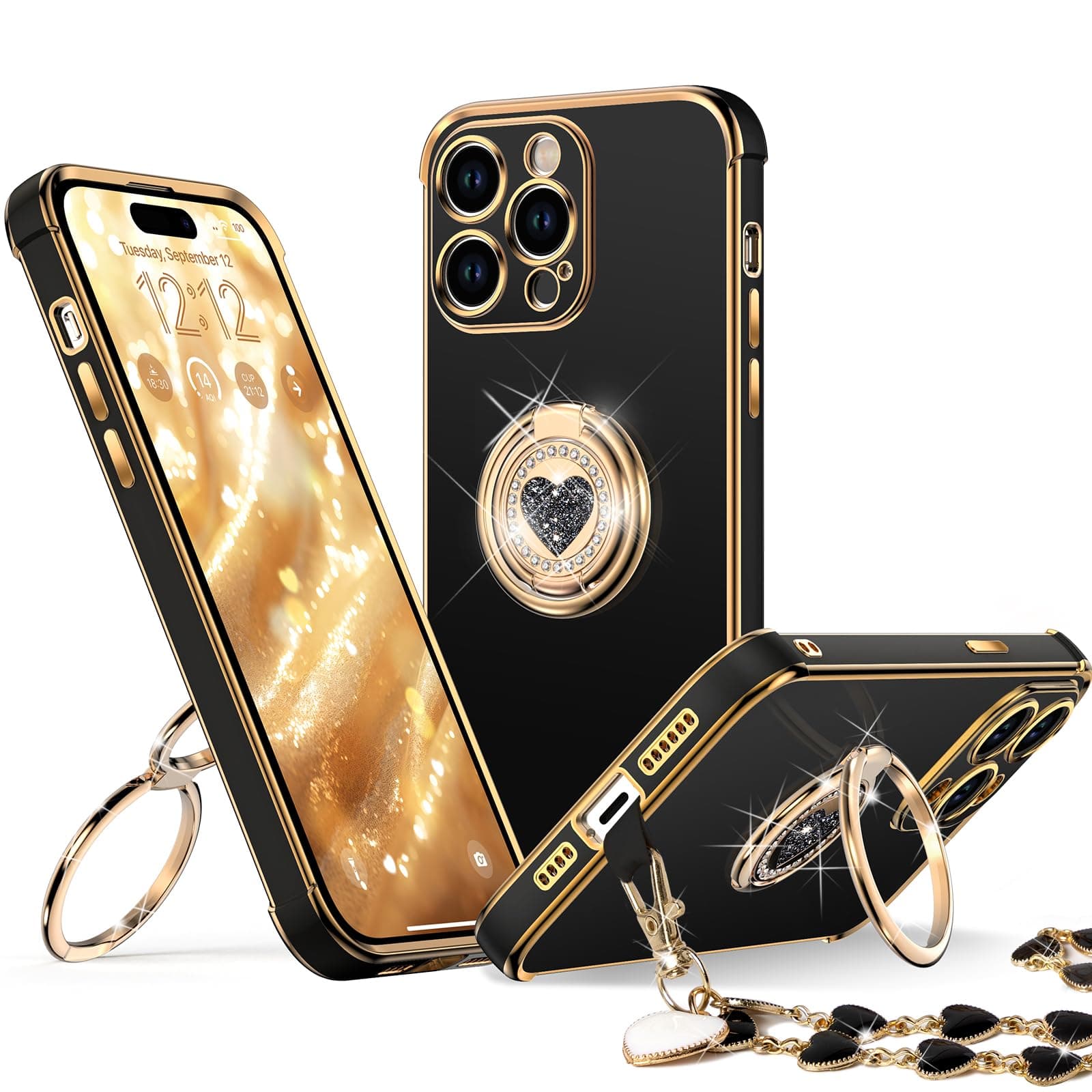XYZ for iPhone 15 Pro Max Case with Stand, Phone Case with Double Ring Kickstand, Women Girls Bling Luxury Protective Case Heart for iPhone 15 Pro Max, Black
