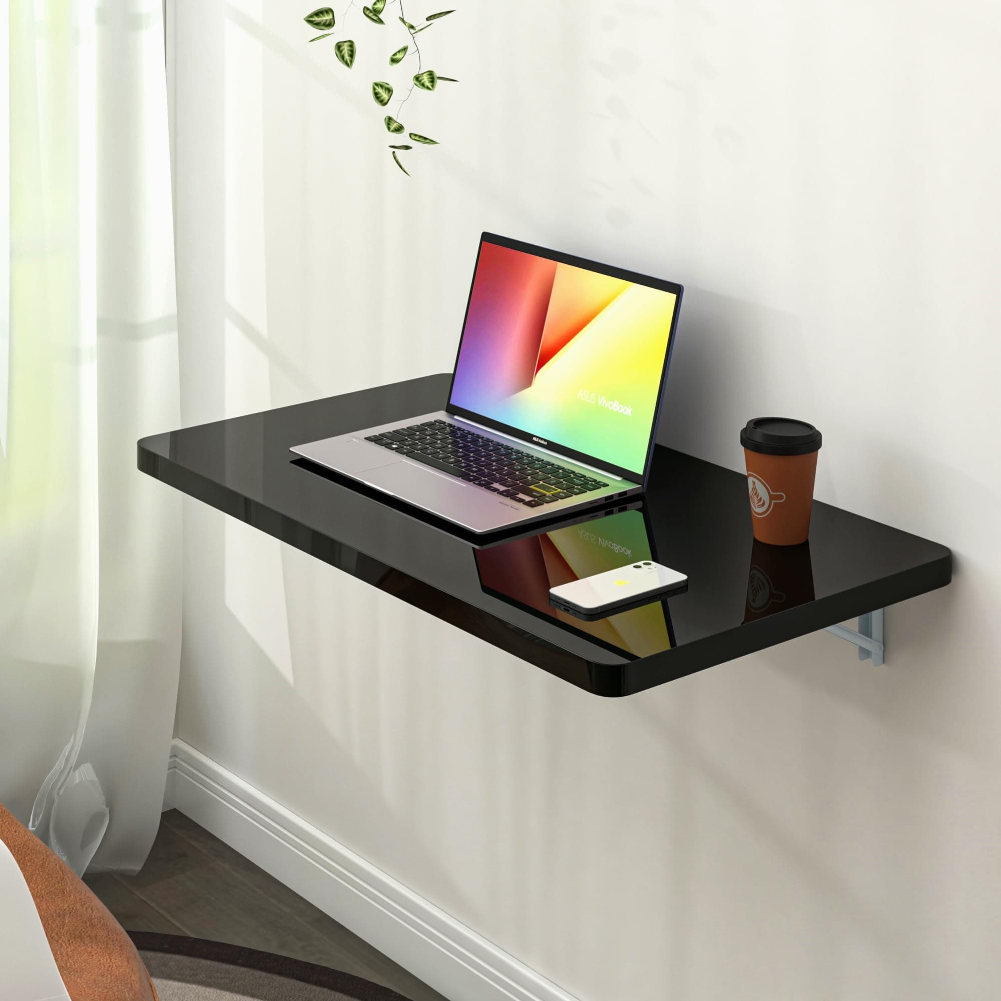 Clikuutory Black Wall Mounted High Gloss Folding Table, Wall Desk Fold Down for Small Spaces, Folding Workbench for Laundry Room, Home Office, Kitchen, Bedroom, Home Bar (23.6"×15.7")