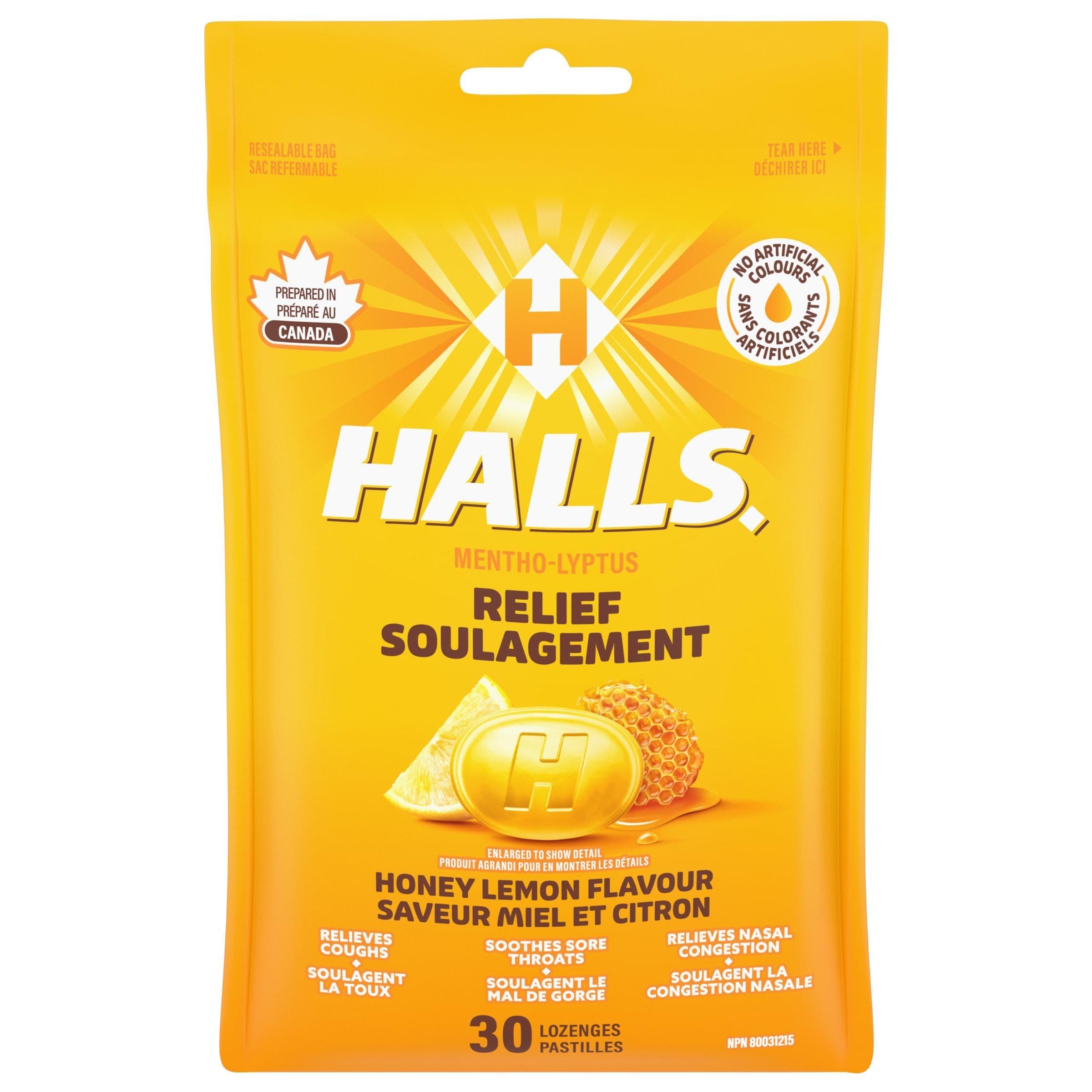 HALLS Mentho-Lyptus Honey Lemon Bag, 30 Lozenges