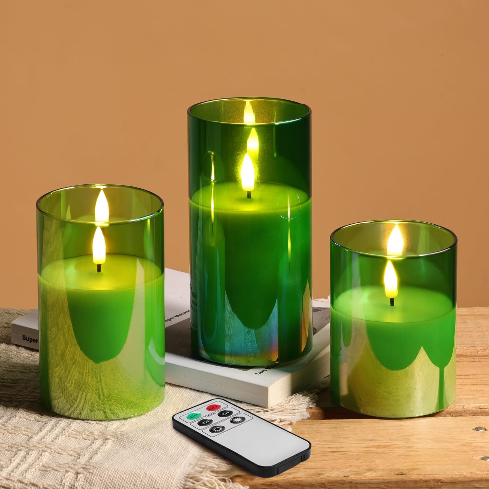 Eywamage Green Flameless Candles in Glass with Remote, Flickering Battery Operated LED Pillar Candles Set of 3 Φ 3" H 4" 5" 6"