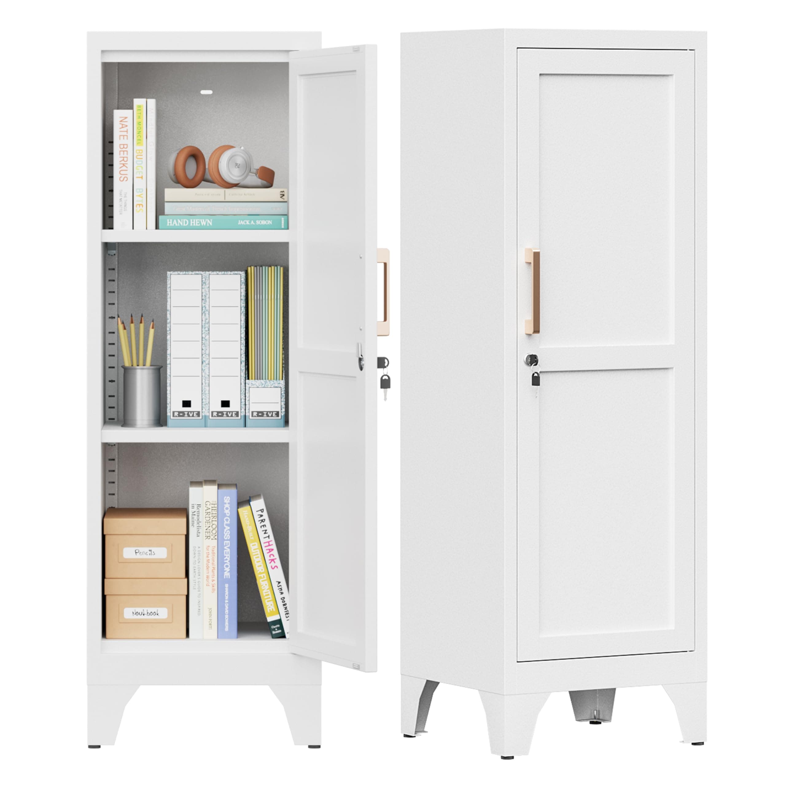 46"H White Metal Locker with 1 Lockable Door and 2 Adjustable Shelves For Employees,3 Tier Small Storage Cabinet with Detachable Legs and Vintage Handle for Kitchen, Office,School,Gym,Easy Assembly