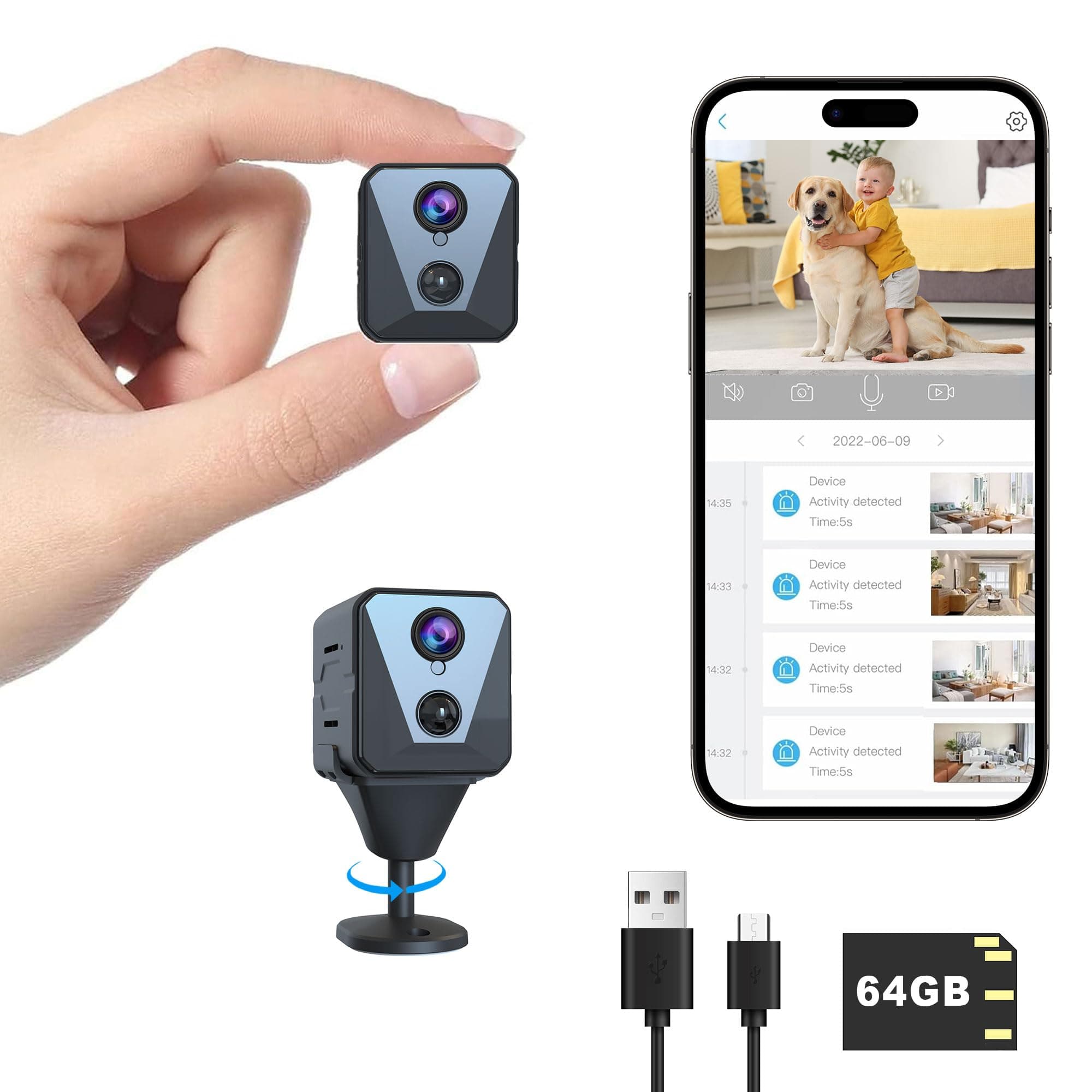 Hidden Spy Camera, 2K WiFi Mini Camera with 64G SD Card, 100 Days Standby Battery Life, Cloud & SD Storage, Clear Night Vision, AI Motion Detection, Real-Time Record Security Wireless Camera Nanny Cam