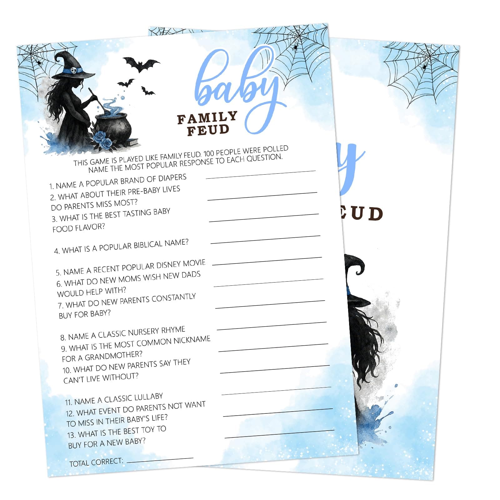 Gsauto Hilarious Baby Shower Games, 25 Sets Halloween Baby Family Feud + Answer Card, Blue Witch Gender Reveal Game Cards for Party Announcement Supplies - B08
