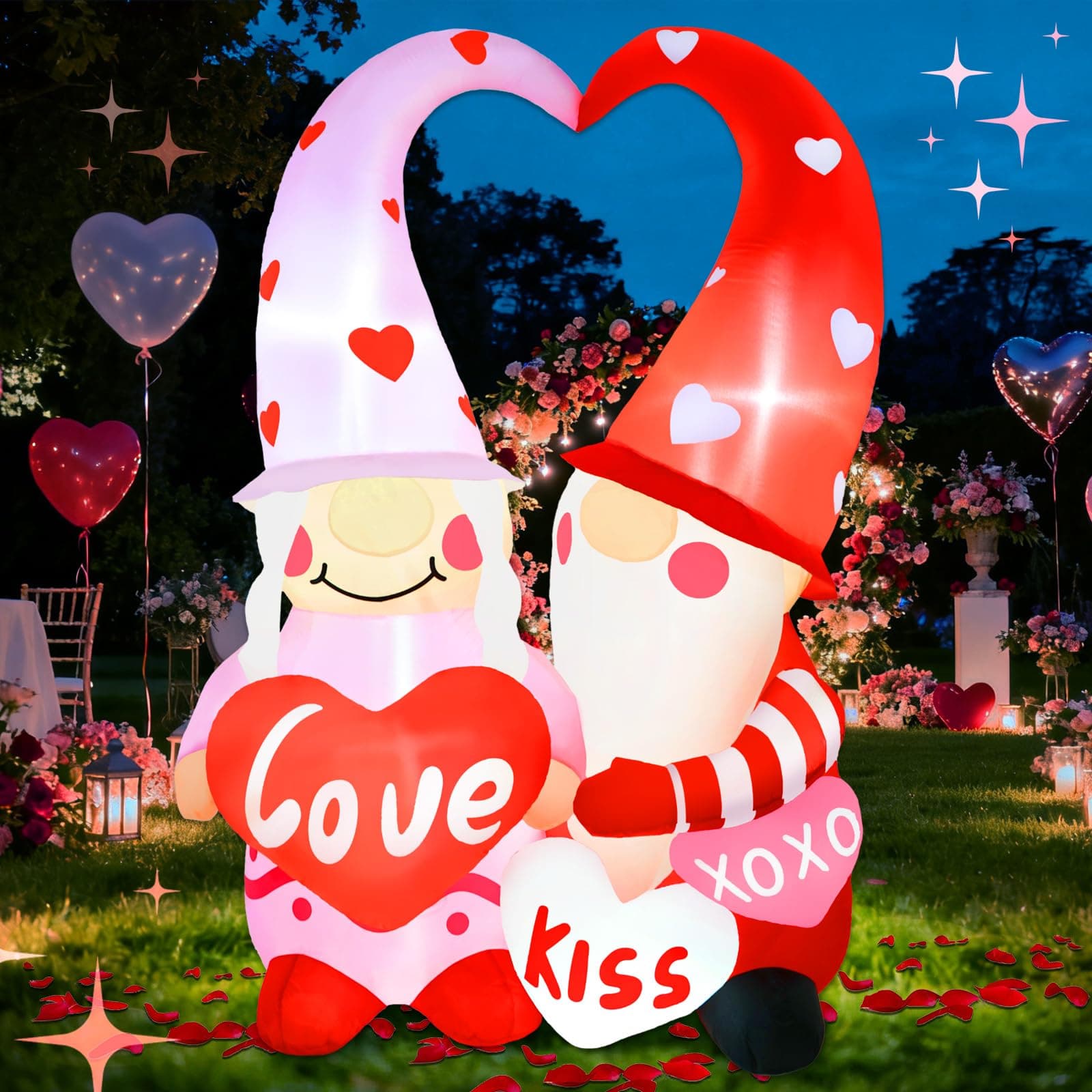 6FT Valentines Inflatables Outdoor Decorations, Valentine’s Day Couple Gnomes Holding Heart Inflatable Decor with Built-in LED Lights, Valentine Blow Up Yard Decoration for Holiday Wedding Lawn Indoor