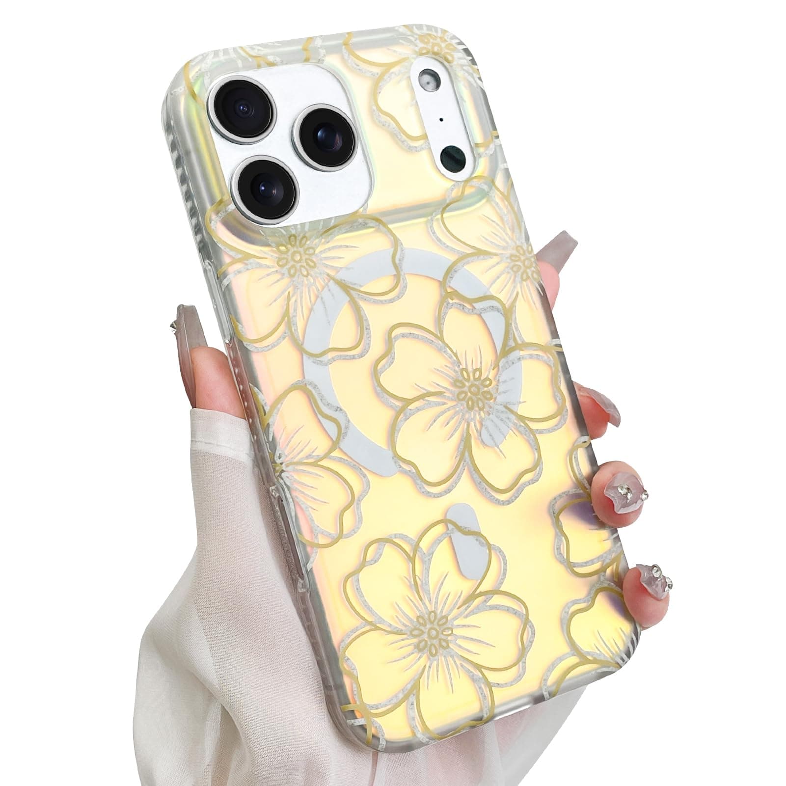 Ovcuqul Iridescent Floral Case for iPhone 17 Pro, Compatible with Magsafe, Cute Flower Glitter Sparkly Laser Florescent Design, Luxury Shockproof Protective Cover for Women Girls, Line Flower