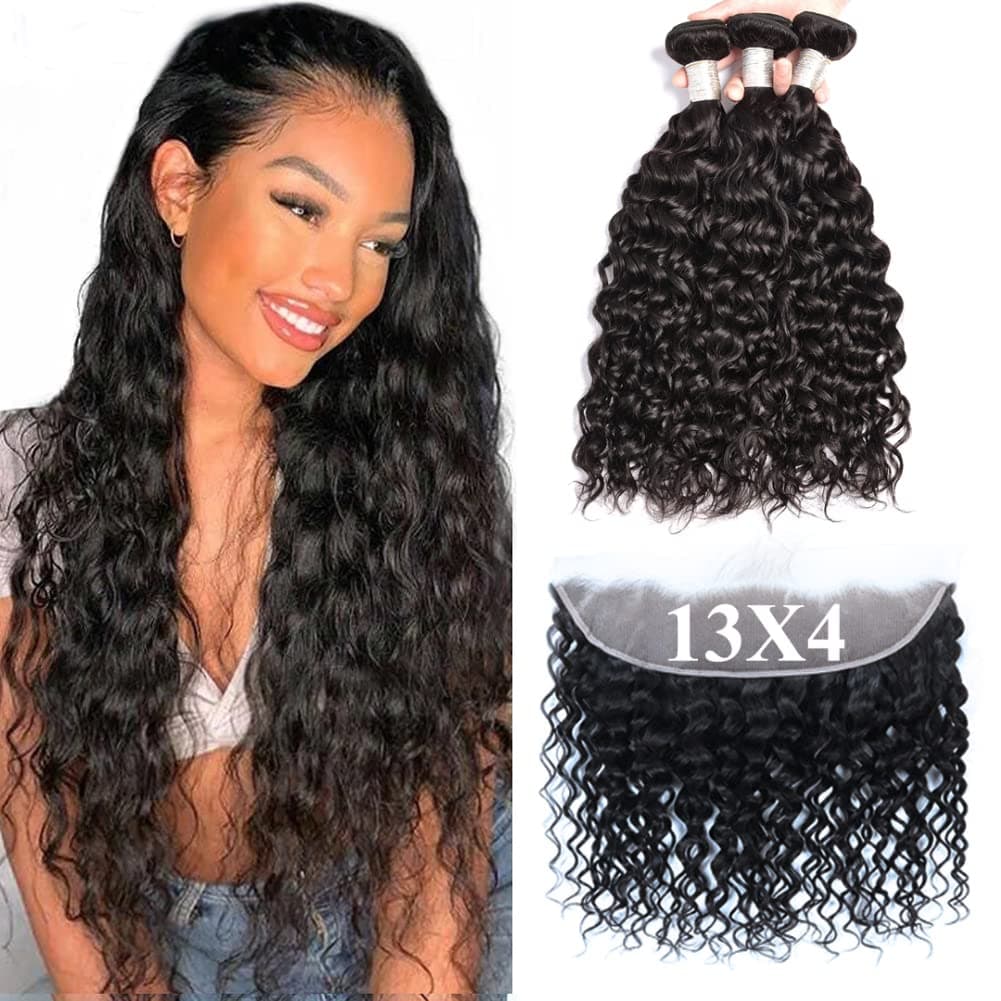 Forawme Brazilian Virgin Hair 4Bundles With Frontal Closure Water Wave 18 20 22 24 With 16 Inch Frontal Closure Bundles Unprocessed Human Hair Weaves