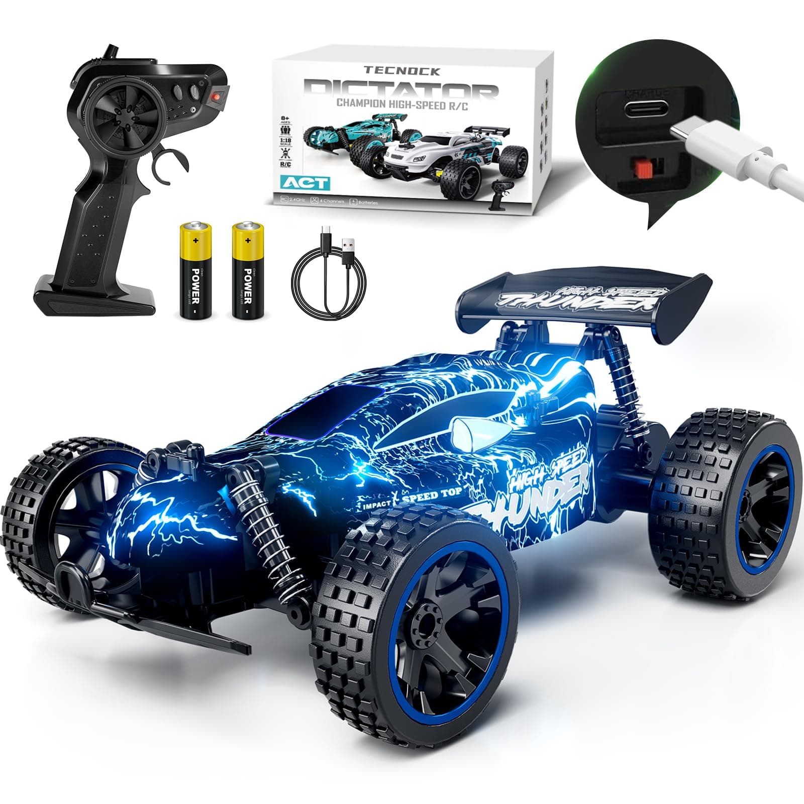 Tecnock RC Cars, Remote Control Car for Boys and Girls, 1:18 Scale RC Car, 2.4GHz 2WD All-Terrain RC Truck, Rechargeable Battery for 50-Min Play, Gift for Kids (Blue, Glow)