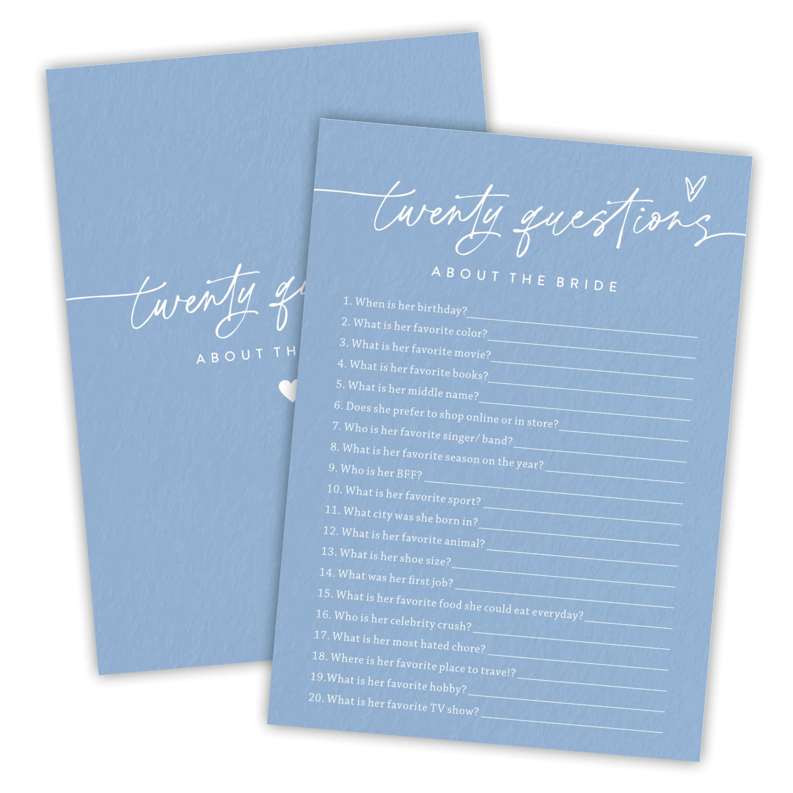 Nuckxy Bridal Shower Game Cards - Twenty Questions About The Bride - 30 Pcs Blue Minimalism Wedding Game Cards, Engagement Party Game, Modern Bridal Shower Party Favor & Decorations - B05