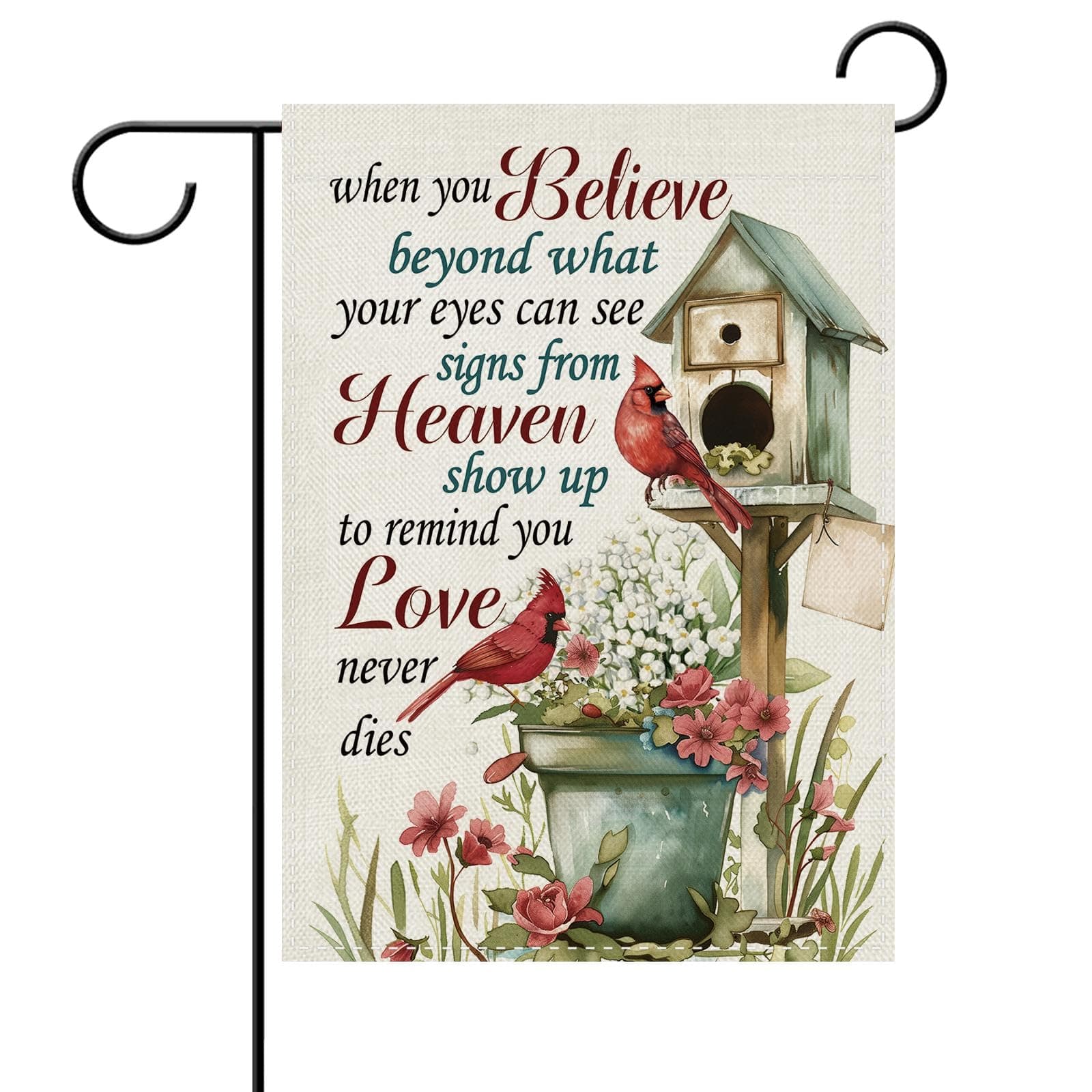 Dyrenson Memorial Cardinal Birdhouse Flower Decorative Garden Flag, Christian Red Bird Floral Cemetery Yard Outside Home Decoration, Spring Summer Farmhouse Outdoor Small Decor Double Sided 12 x 18