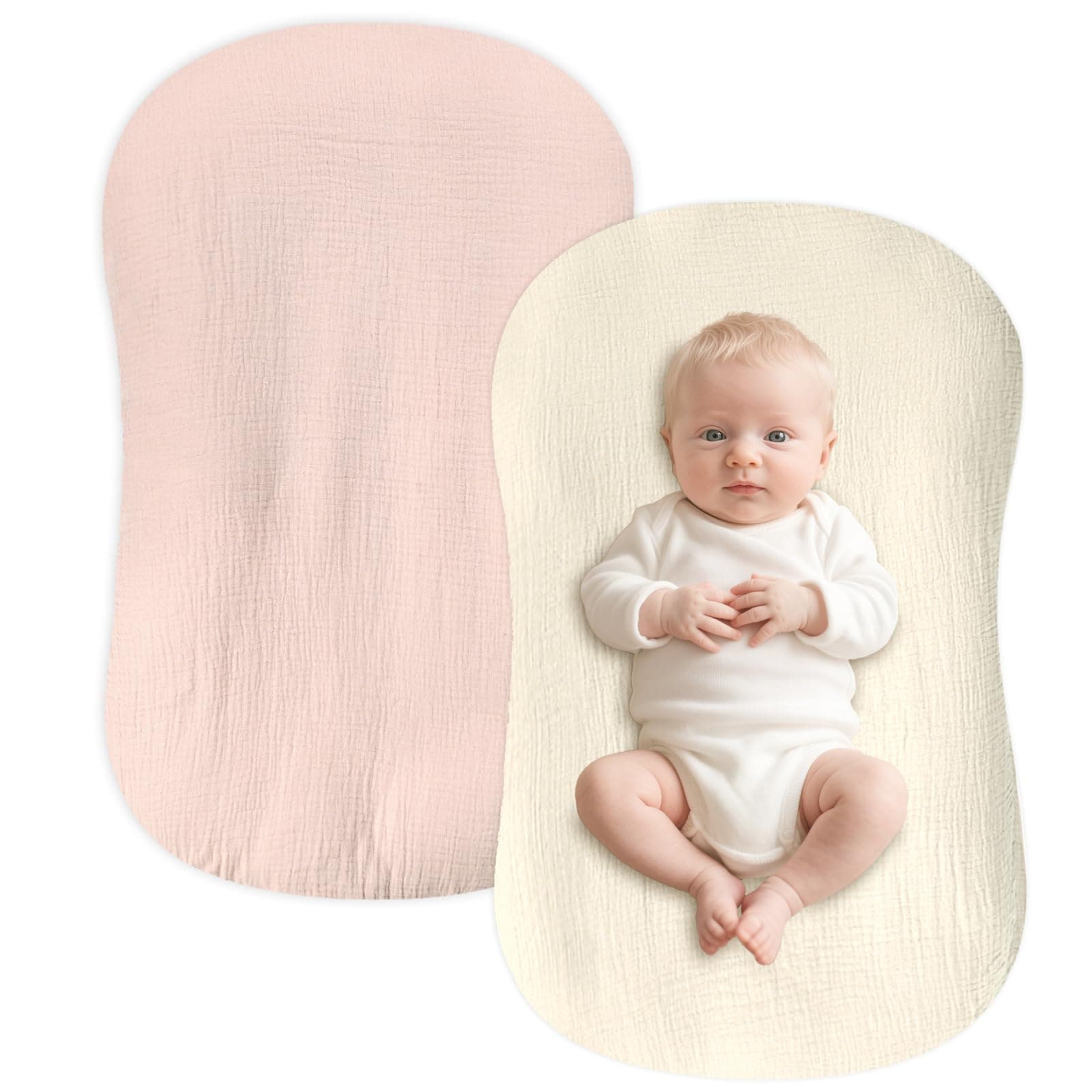 Hooyax Muslin Baby Lounger Cover 2 Pack, Soft and Breathable Newborn Lounger Cover, Adorable Baby Nest Slipcover for Boys Girls, Covers Only (Pink, Wheat)