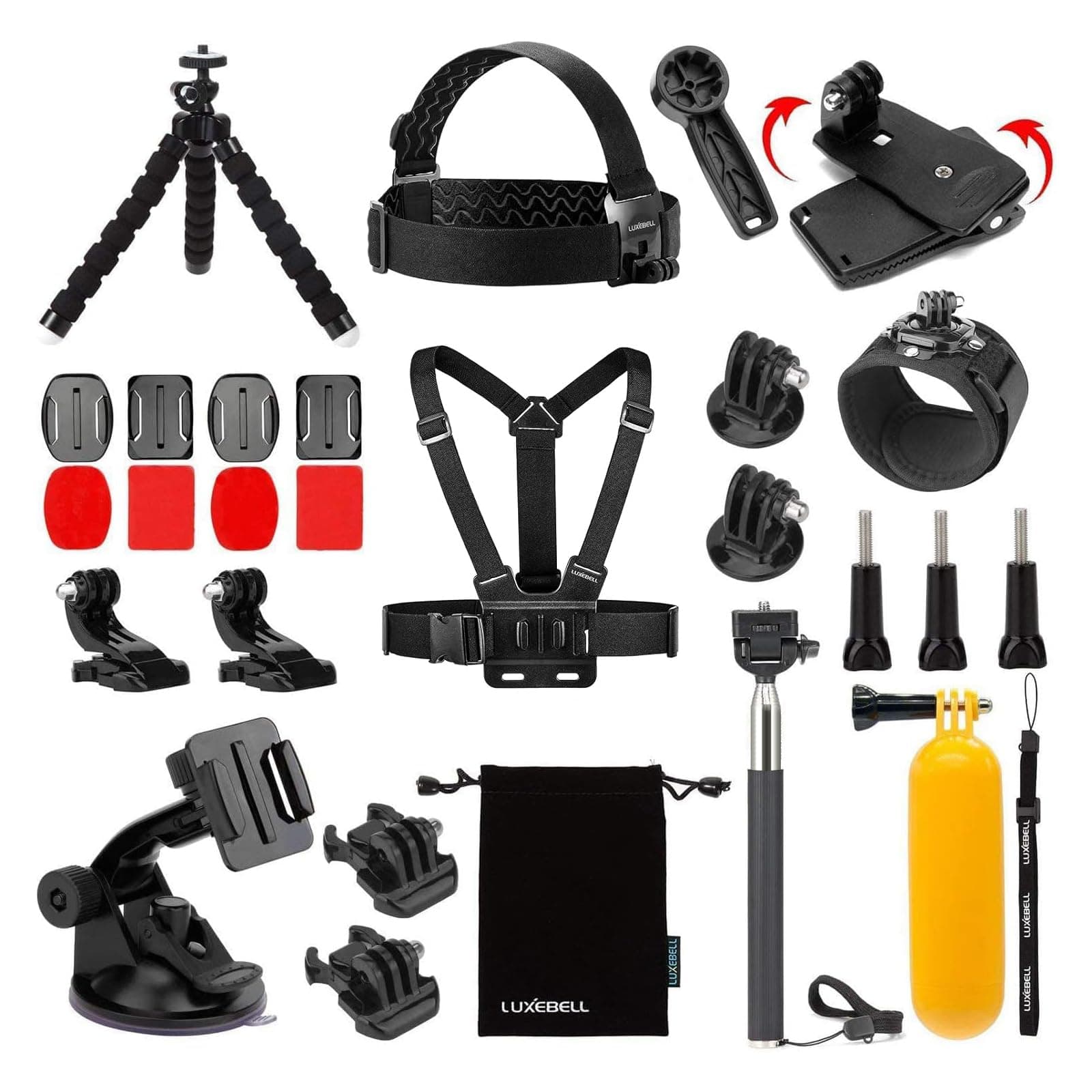 Luxebell 9-in-1 Accessories Kit for Sony Action Cam HDR-AS15/AS20/AS30V/AS100V/Sony Action Cam HDR-AZ1 Mini Sony FDR-X1000V/W 4K Cameras, Handheld Monopod Extendable Telescope Pole + Chest Strap Mount + Floating Handle Grip + Bike Handlebar Mount Holder + Head Strap Mount + Car Suction Cup Mount + Storage Pouch