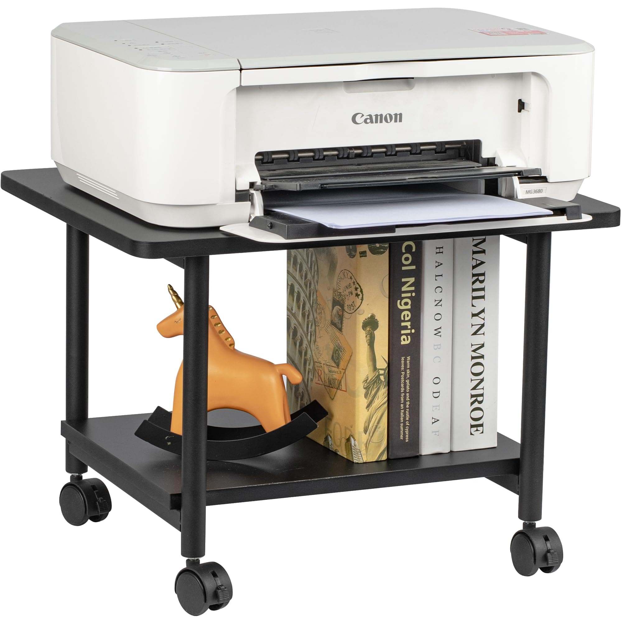 Cakokow Under Desk Printer Stand - 2-Tier Industrial Mobile Printer Table with Storage Shelf, Heavy Duty Wood Rolling Printer Cart with Wheels for Home and Office,Classic Black