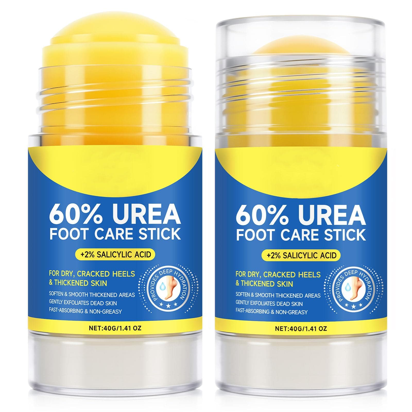 60% Urea Cream with 2% Salicylic Acid Foot Care Stick, Deeply moisturizes rough skin and Gently exfoliates, Urea Foot Cream for Dry, Cracked Feet, Knees, Elbows and Hands, 1.4oz (2pcs)