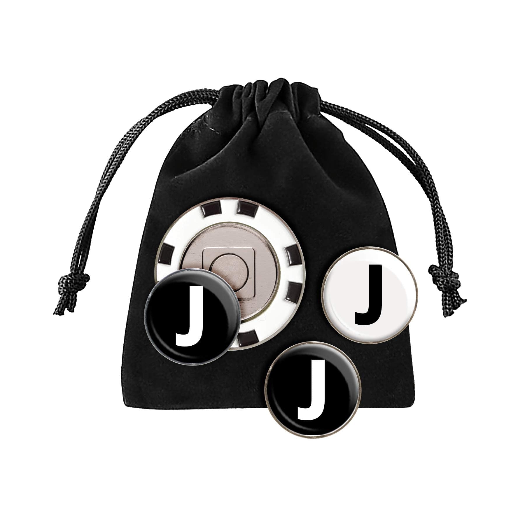 Clip Wipes Golf Poker Chip (Magnetic Insert) 3 Personalized Ball Markers (A to Z Letters) (White/Black-J)