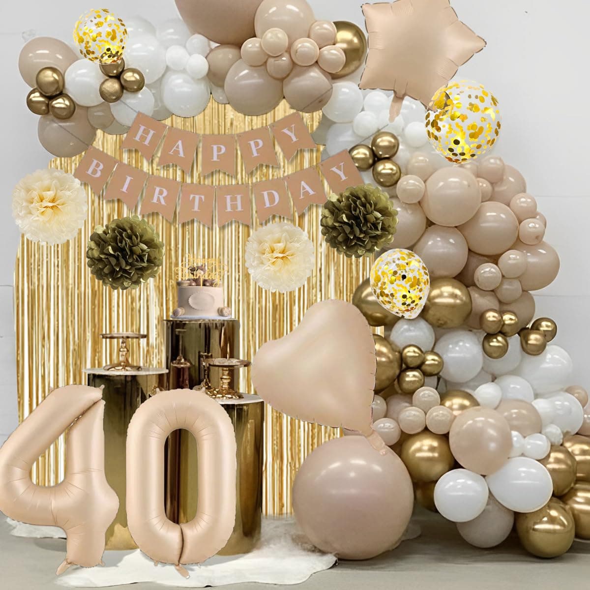 40th Birthday Decorations Woman, Nude Beige Birthday Party Decoration for Men, Happy Birthday Banner Boho Balloon Garland Beige Balloons Arch Kit with Gold White Sand Balloons