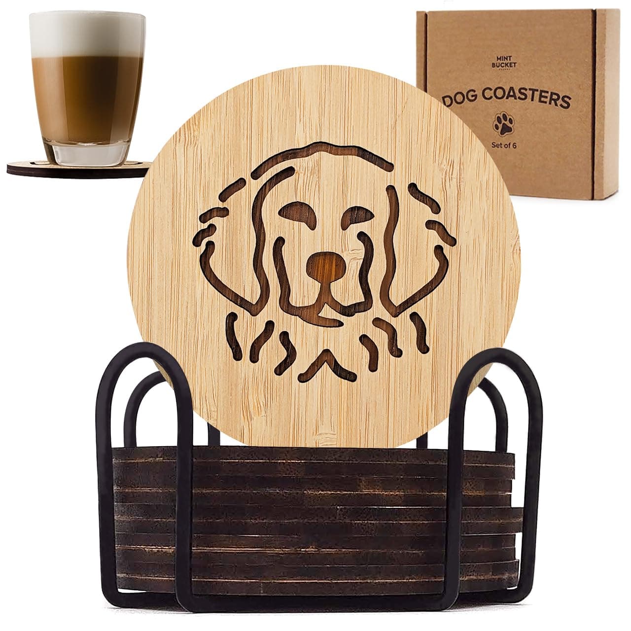 Set of 6 Bamboo Coasters with Holder - Absorbent Coasters for Hot & Cold Drinks - Durable, Washable - Funny Coaster Set for Coffee Table - U.S. Company (Golden Retriever)
